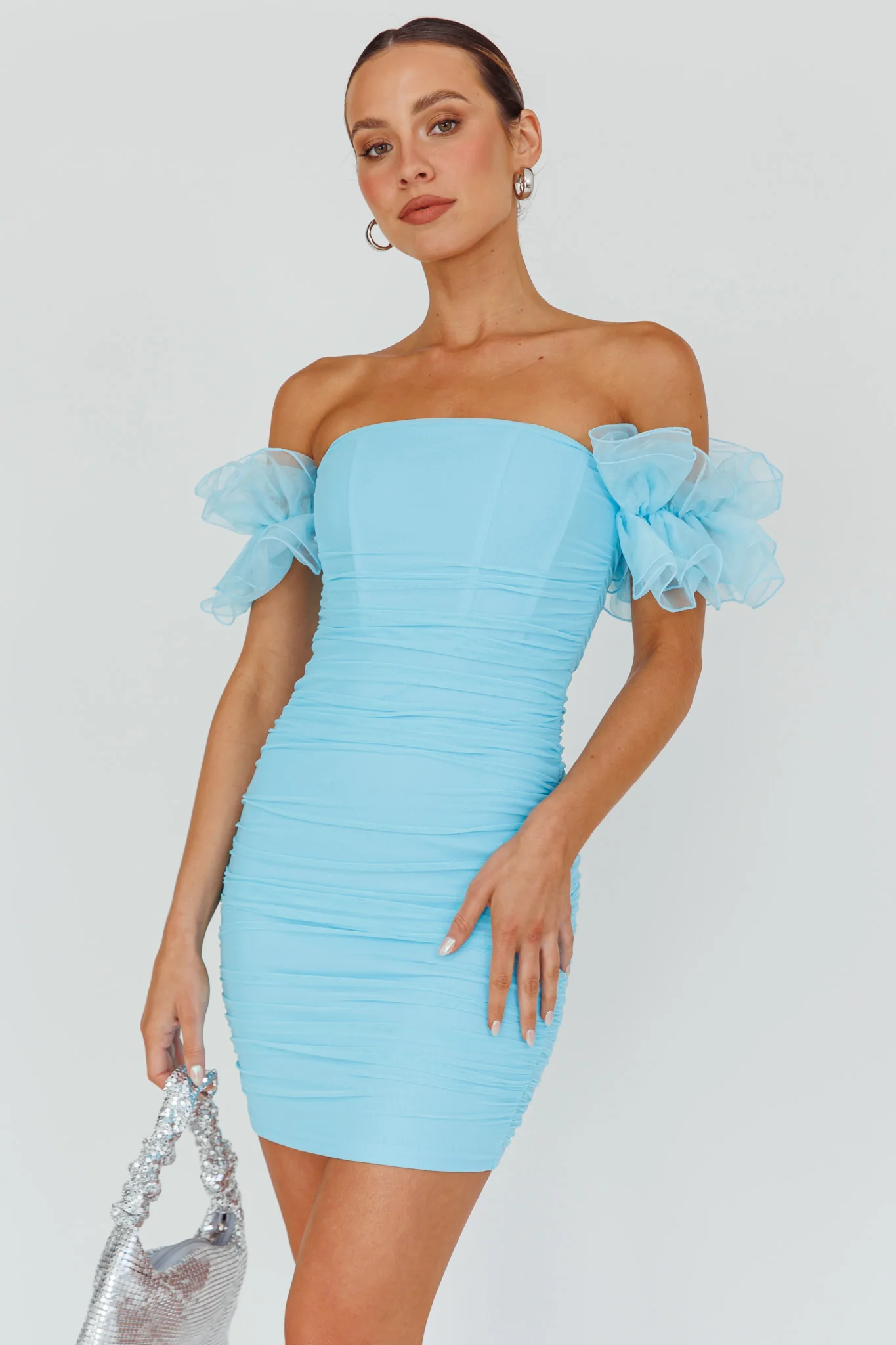 Star Dust Off-Shoulder Frill Sleeve Mini Dress Baby Blue - Image 6