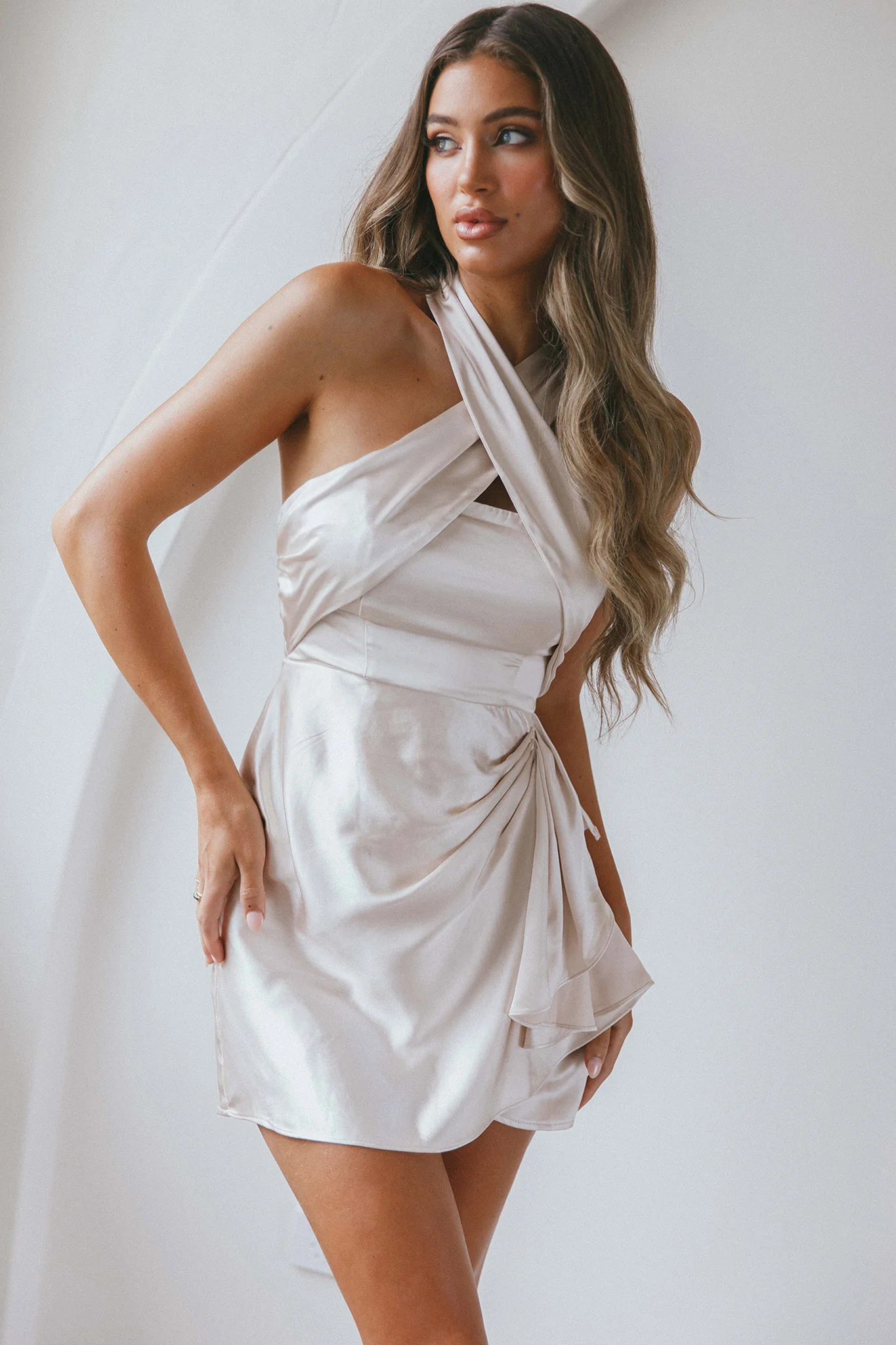 Stars Align Halterneck Satin Dress Champagne - Image 5
