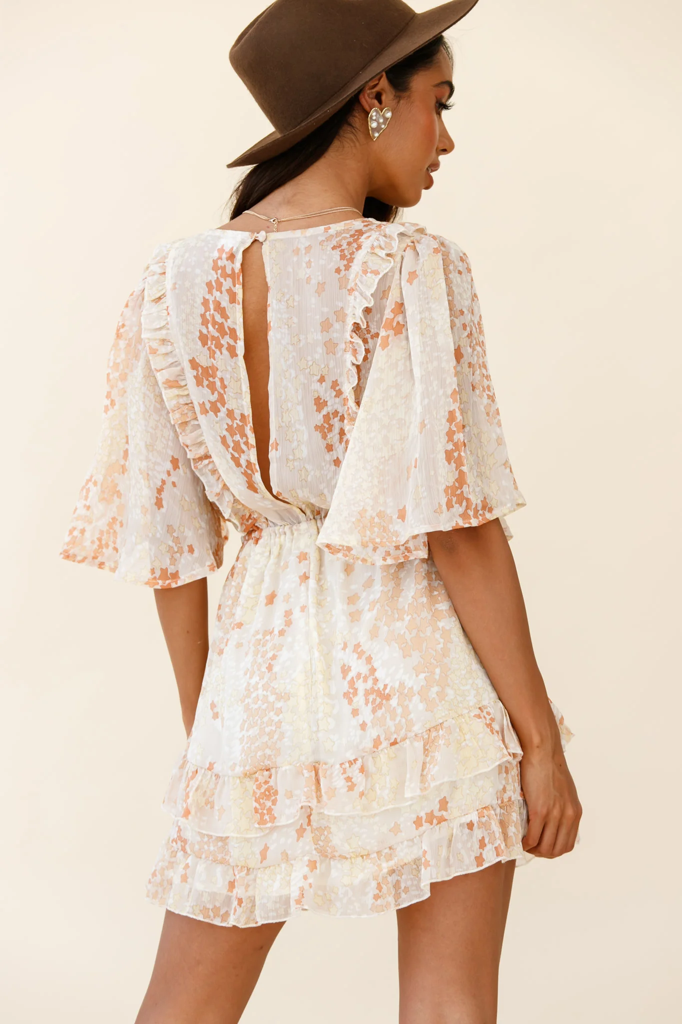 Stars Aligned Angel Sleeve Drawstring Waist Dress Star Print Orange - Image 3