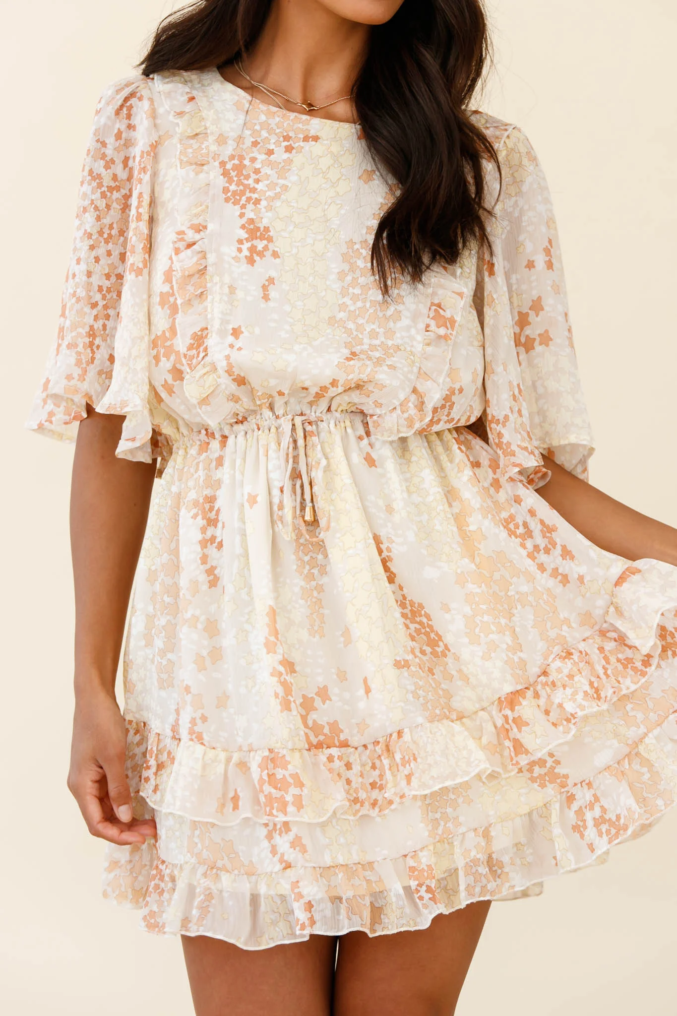 Stars Aligned Angel Sleeve Drawstring Waist Dress Star Print Orange - Image 4