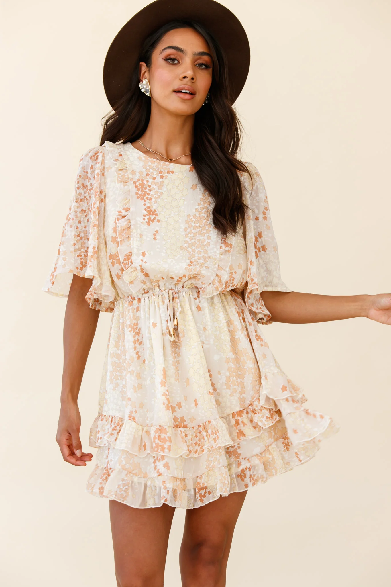Stars Aligned Angel Sleeve Drawstring Waist Dress Star Print Orange - Image 6