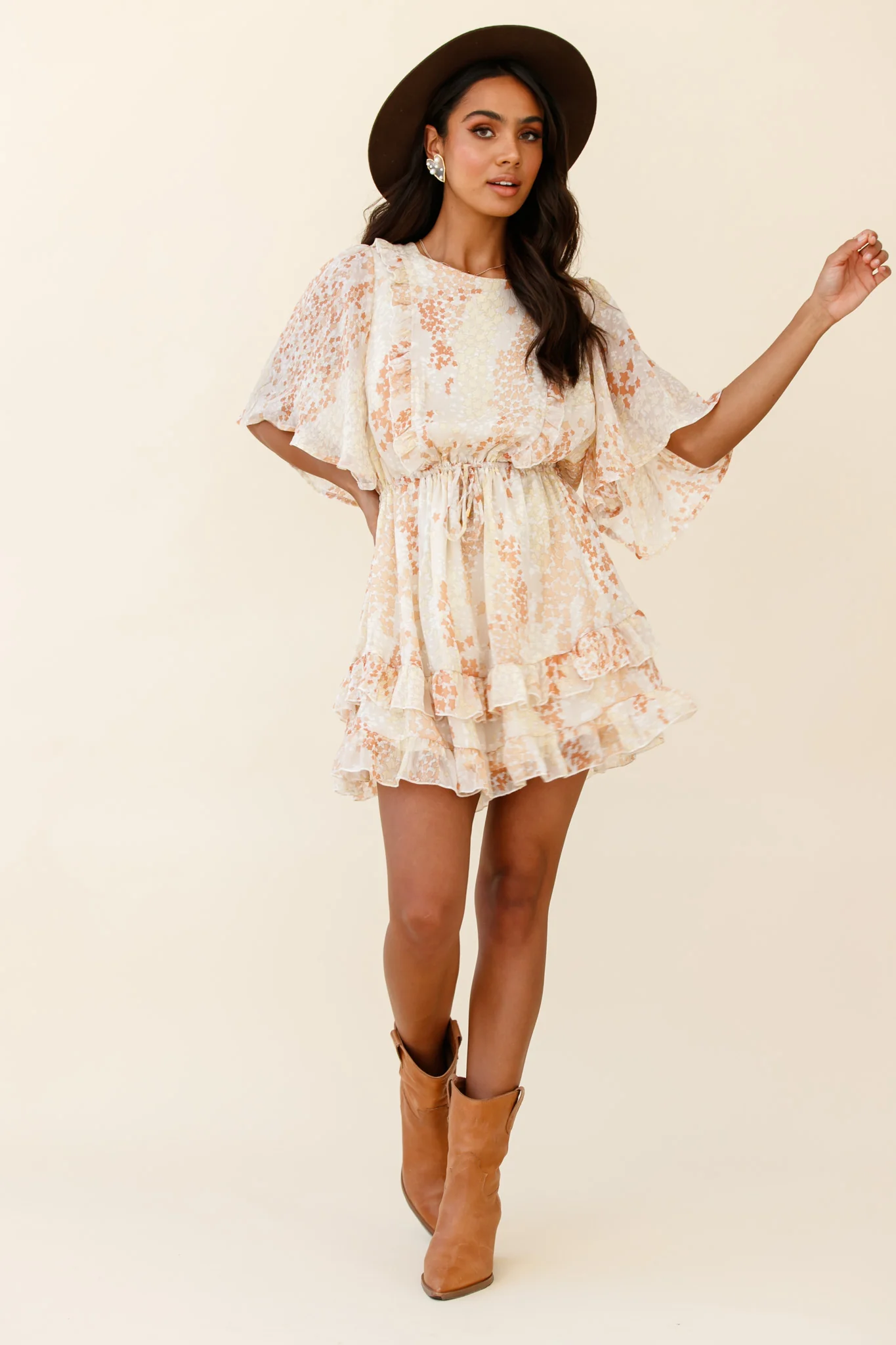 Stars Aligned Angel Sleeve Drawstring Waist Dress Star Print Orange - Image 7
