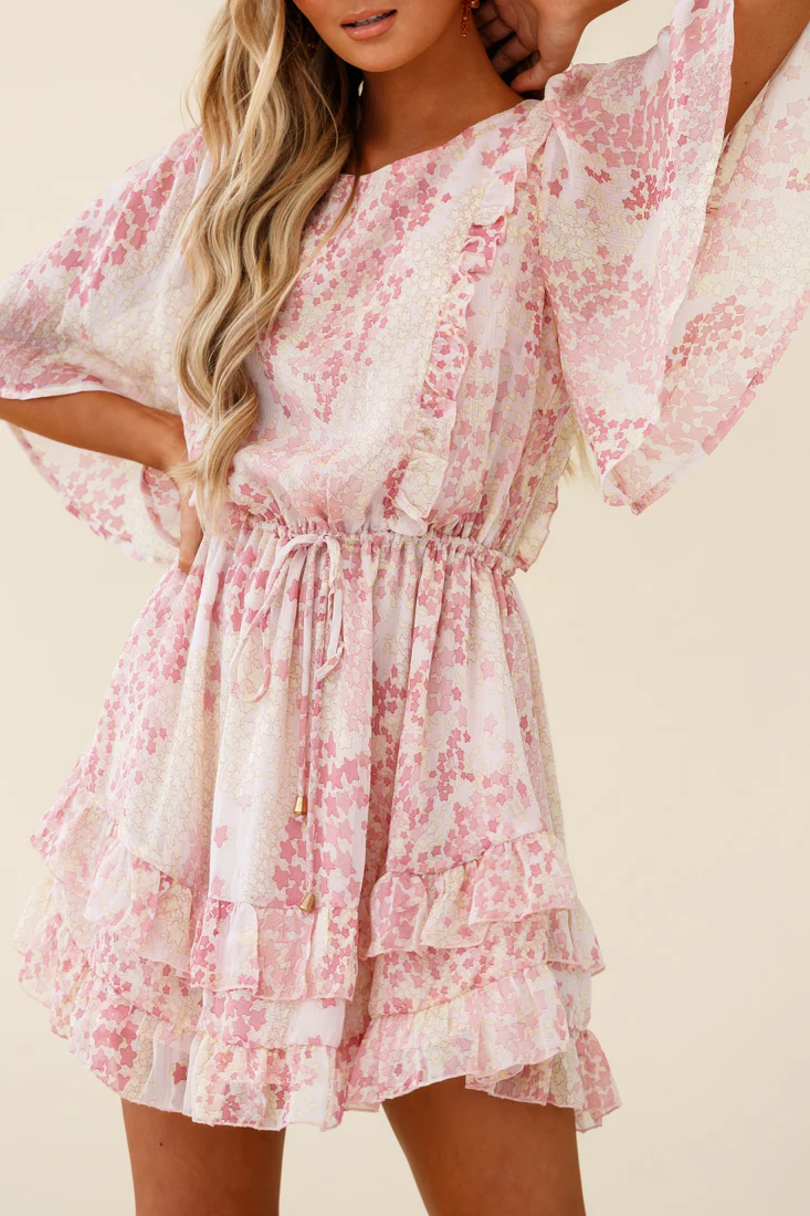 Stars Aligned Angel Sleeve Drawstring Waist Dress Star Print Pink - Image 7
