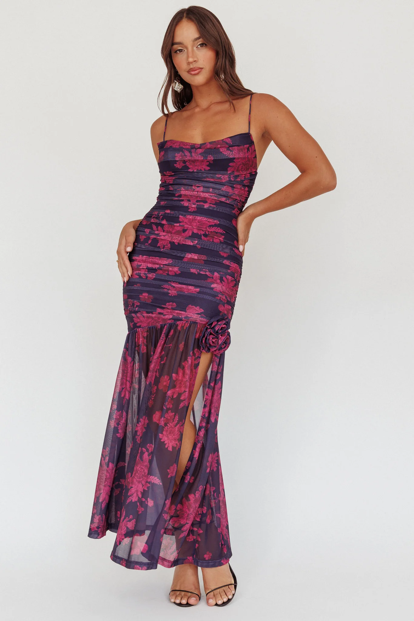 Stole The Show Ruched Mesh Maxi Dress Floral Grape - Image 5
