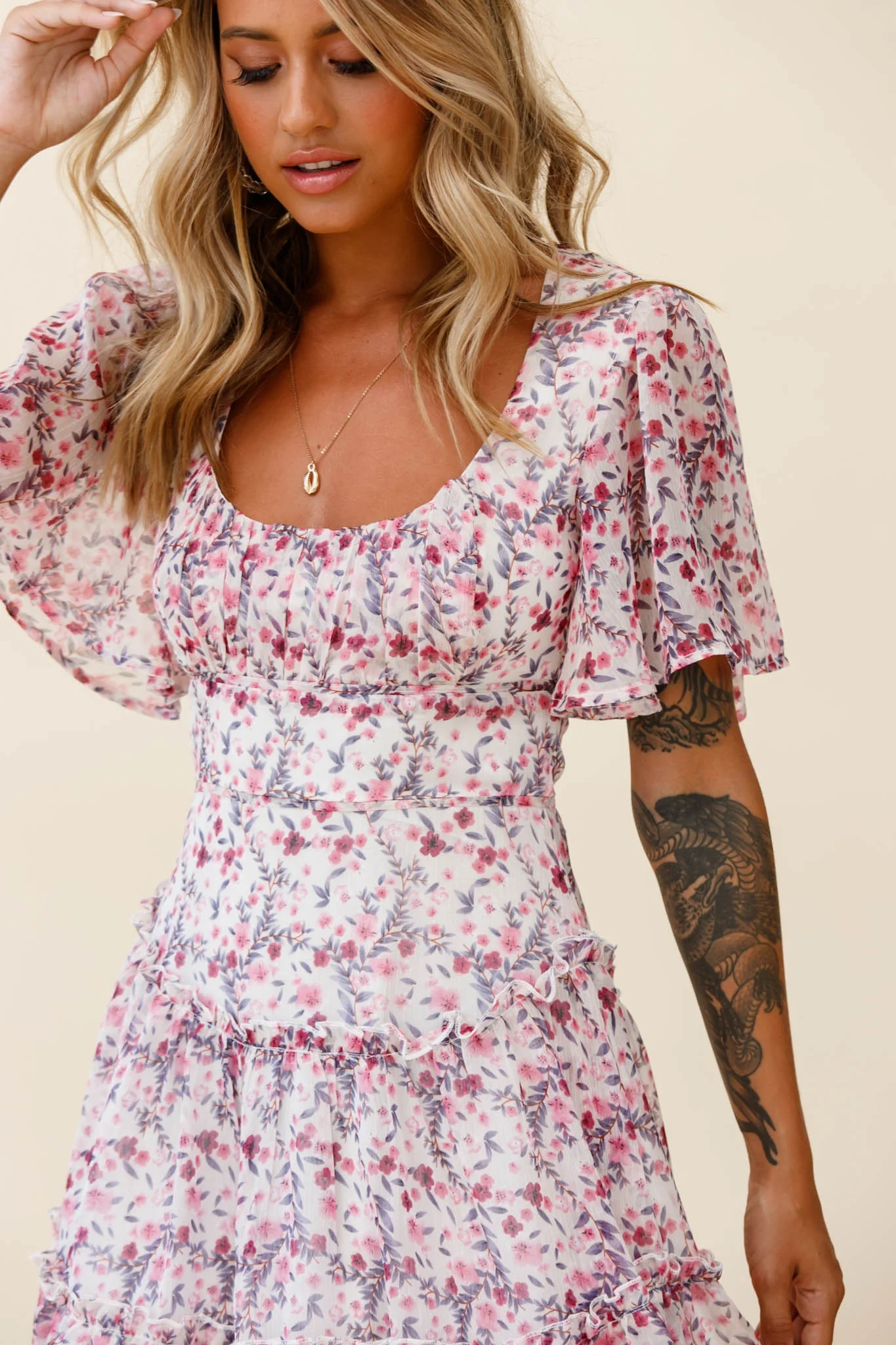 Stolen Moments Angel Sleeve Ruffle Dress Floral Print Pink Multi - Image 11