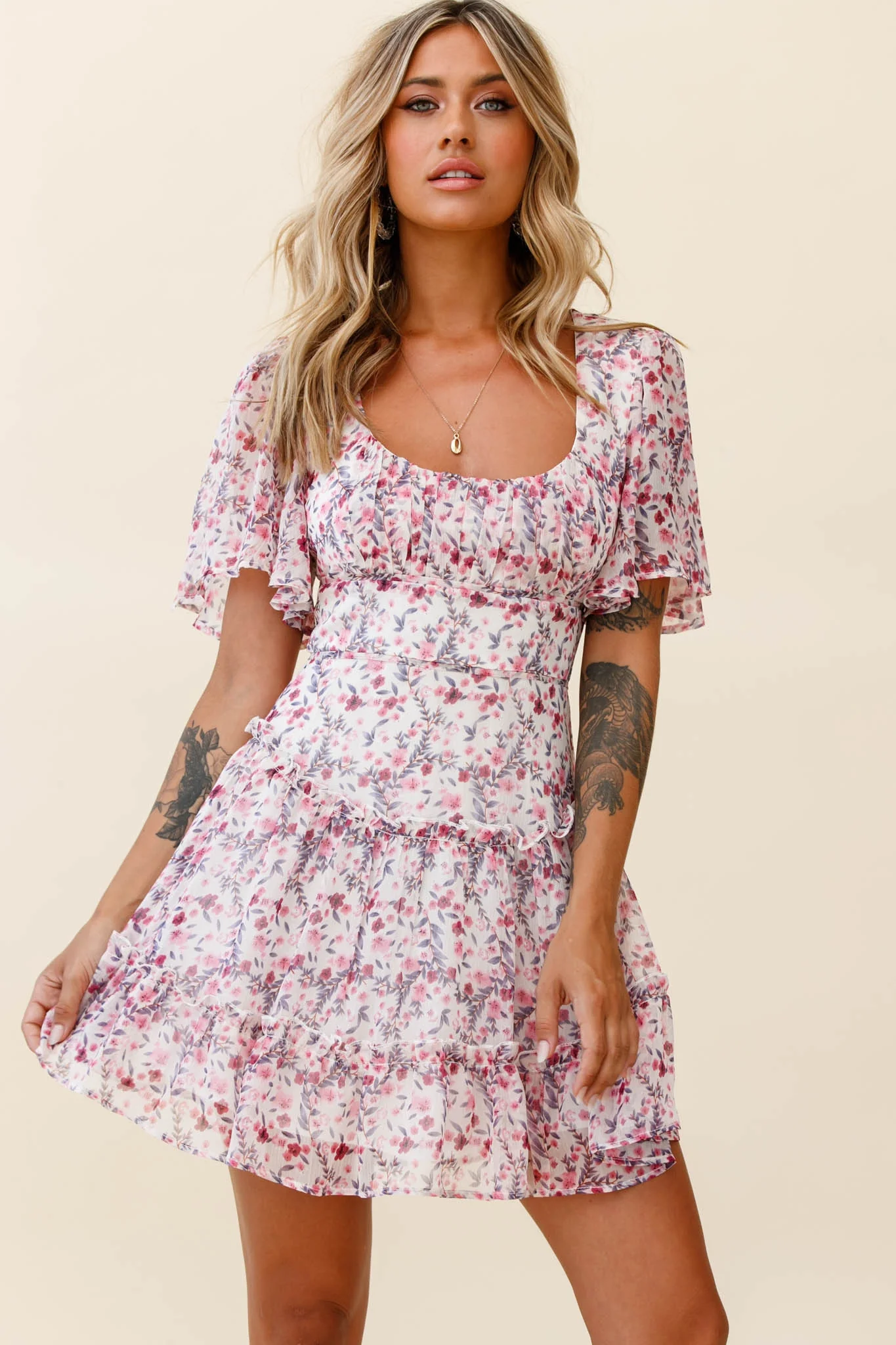Stolen Moments Angel Sleeve Ruffle Dress Floral Print Pink Multi - Image 14