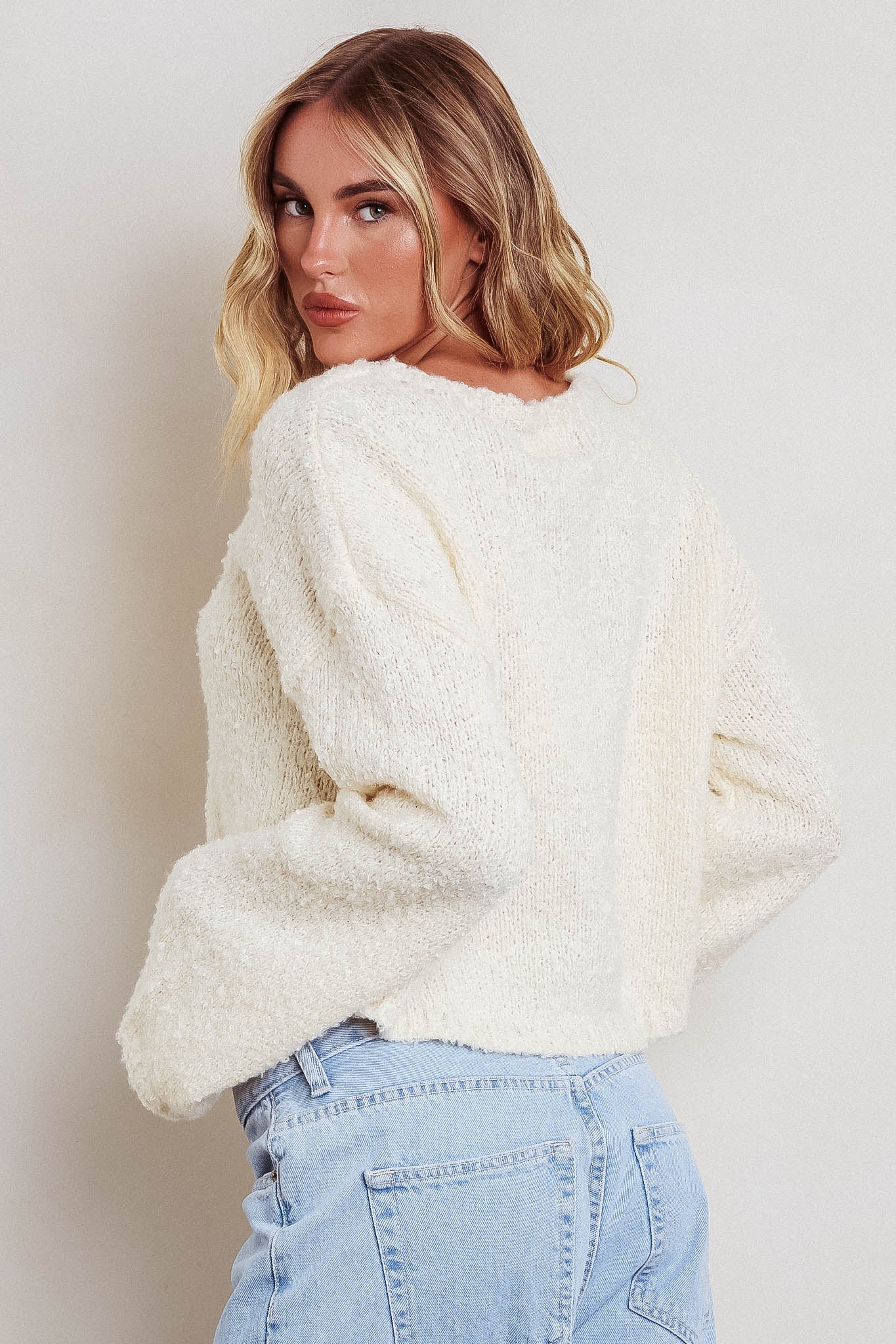 Strasbourg Flared Cuff Drop Shoulder Sweater Cream - Image 2