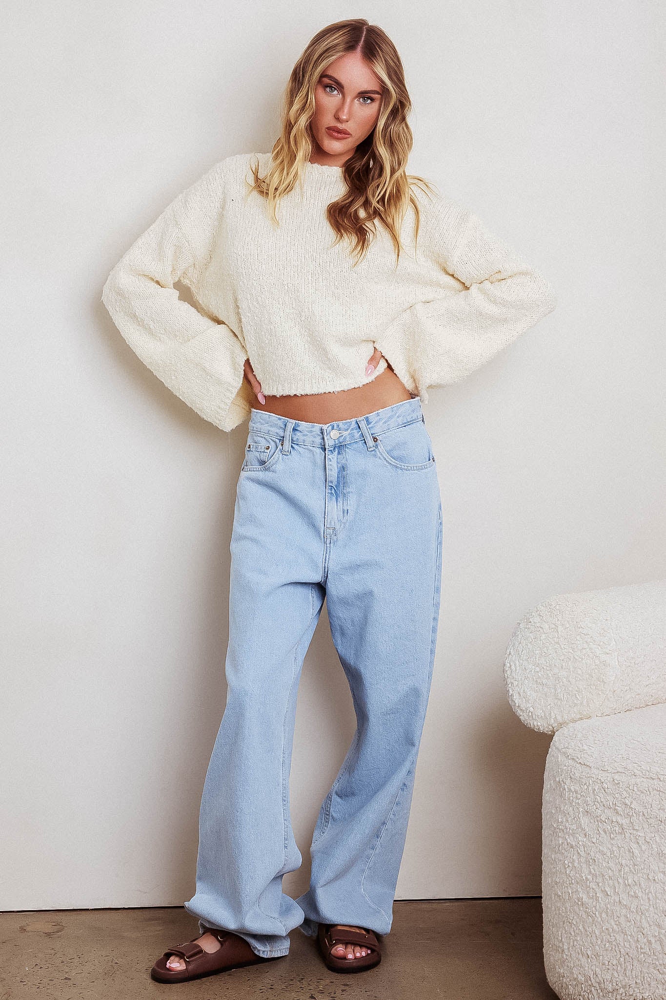 Strasbourg Flared Cuff Drop Shoulder Sweater Cream - Image 4