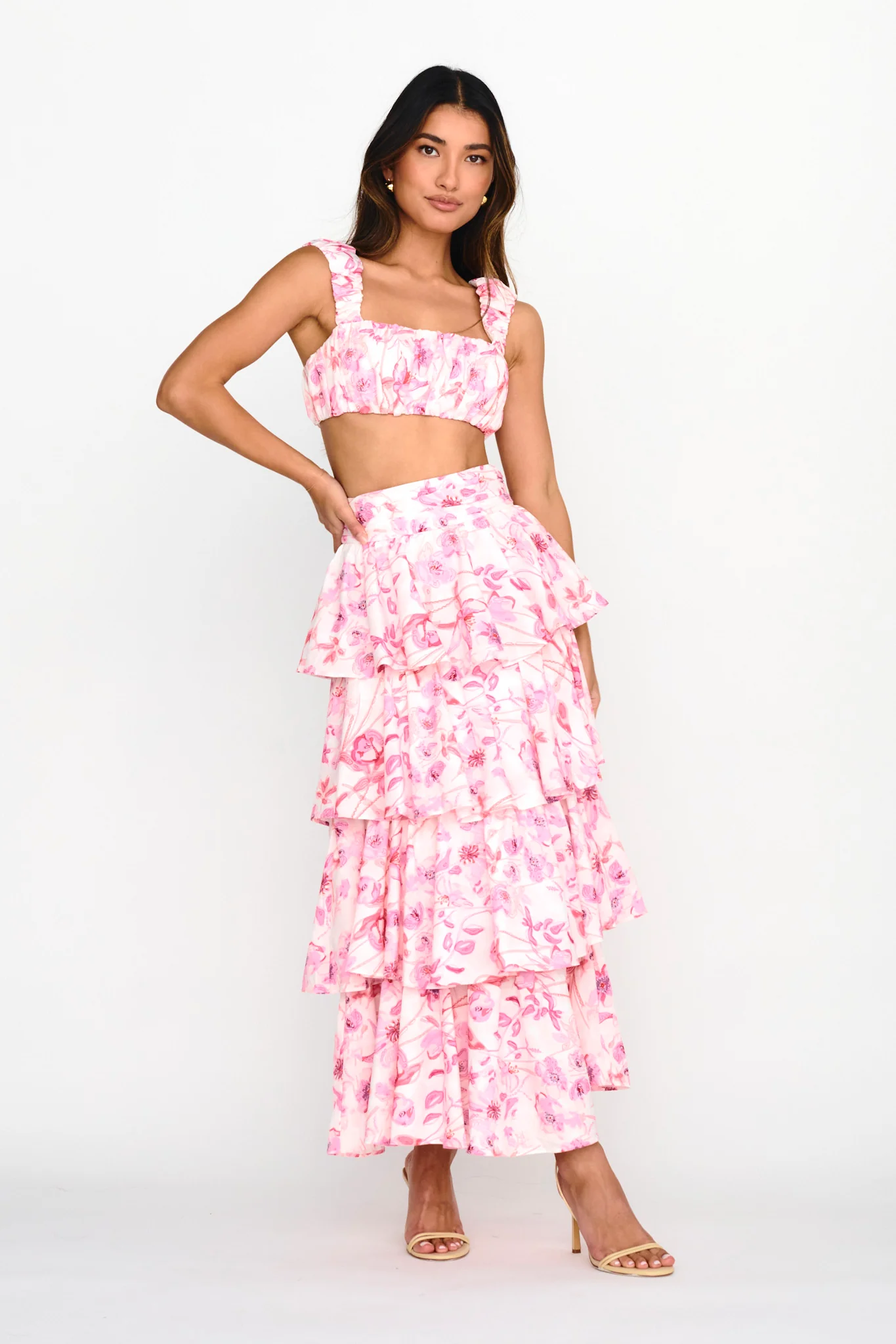 Suenito Gathered Crop Top Floral Pink - Image 4