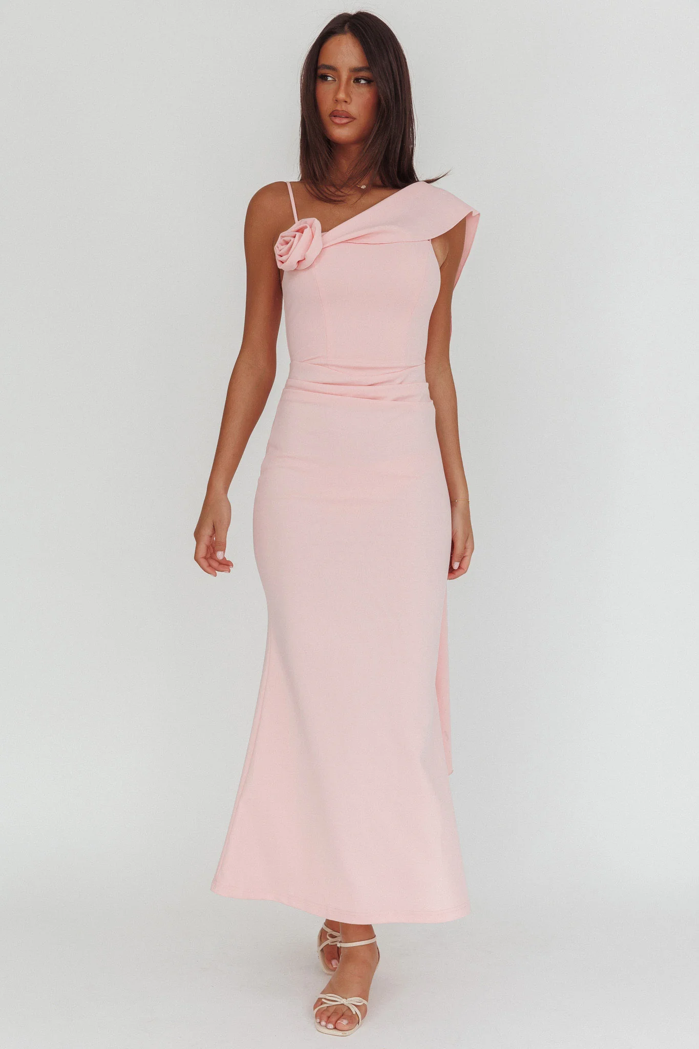 Sugar High Asymmetric Shoulder Drape Maxi Dress Pink