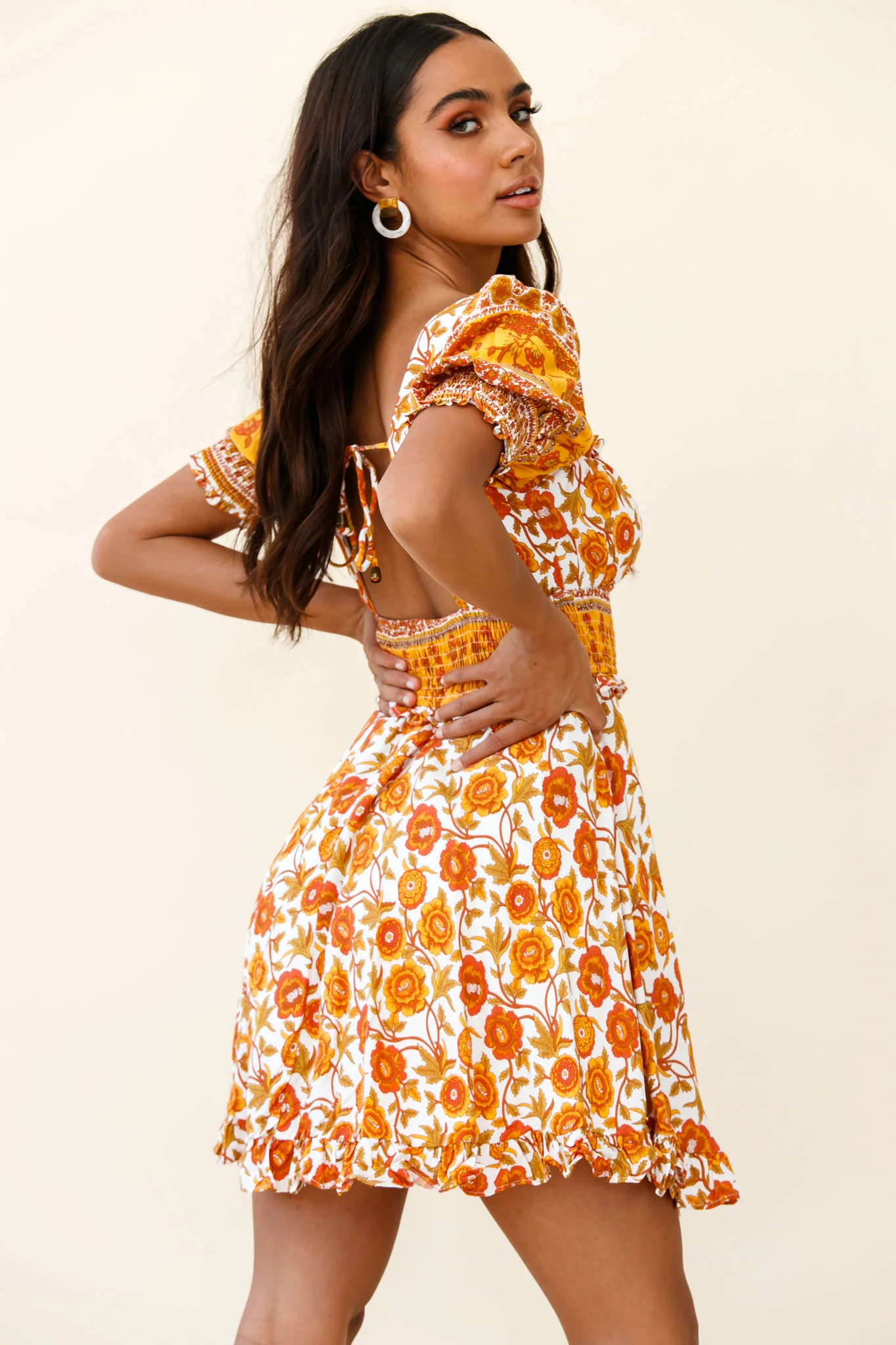 Summer In Paris Puff Sleeve Open Back Dress Floral Print Mustard Multi - Image 3