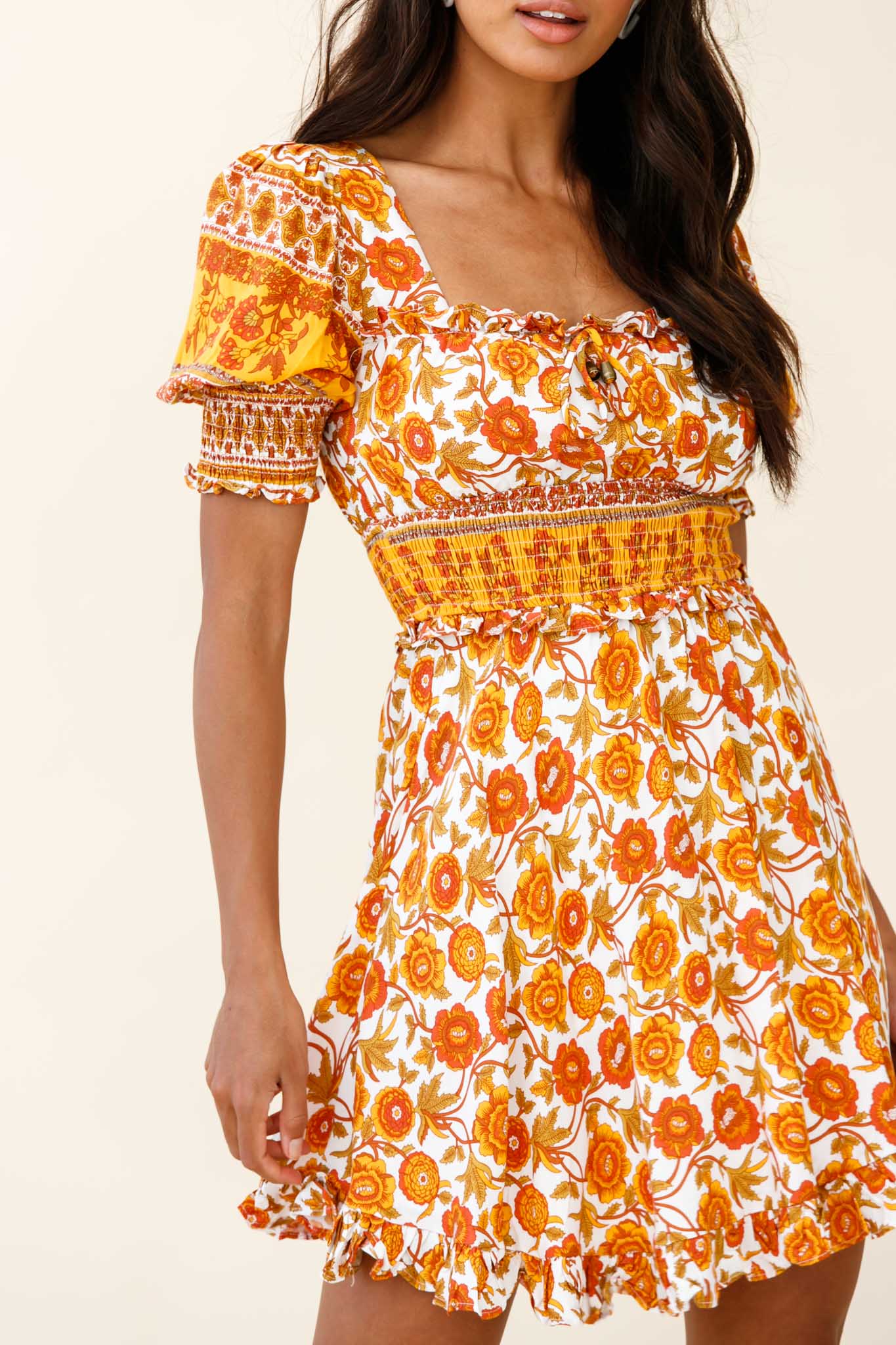 Summer In Paris Puff Sleeve Open Back Dress Floral Print Mustard Multi - Image 4