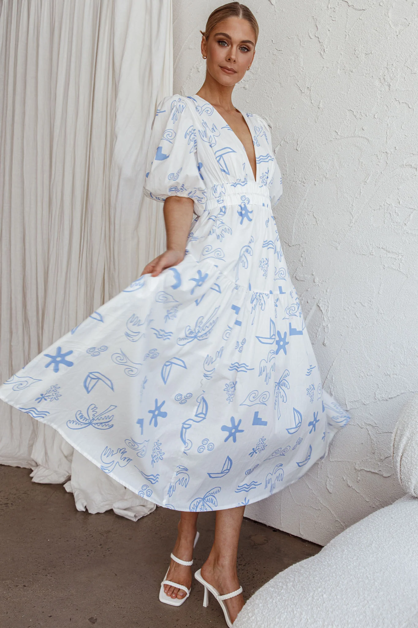 Summer Land V-Neckline Midi Dress Printed White - Image 6