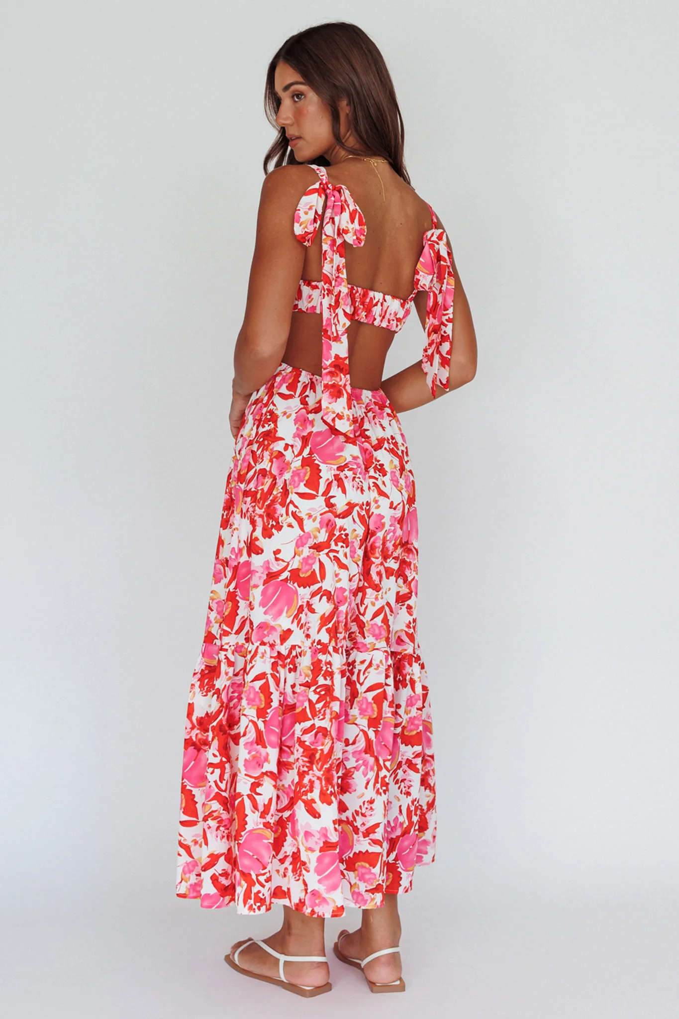 Sun Seeker Tied Shoulder Cut-Out Maxi Dress Floral Red - Image 2