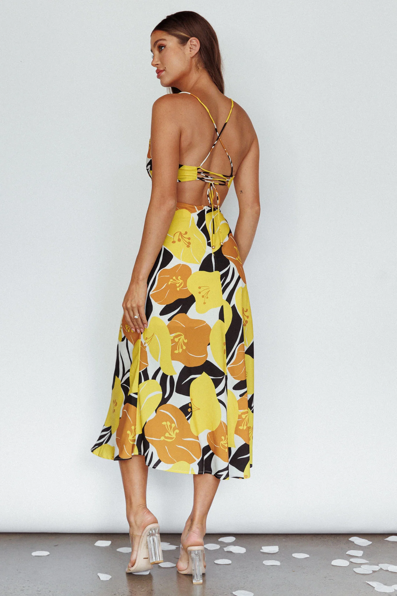 Sunday Bliss Tie-Up Back Cowl Neck Midi Dress Flower Yellow - Image 2