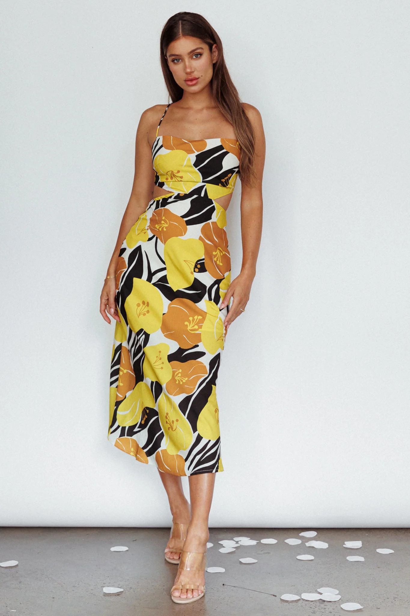 Sunday Bliss Tie-Up Back Cowl Neck Midi Dress Flower Yellow - Image 3