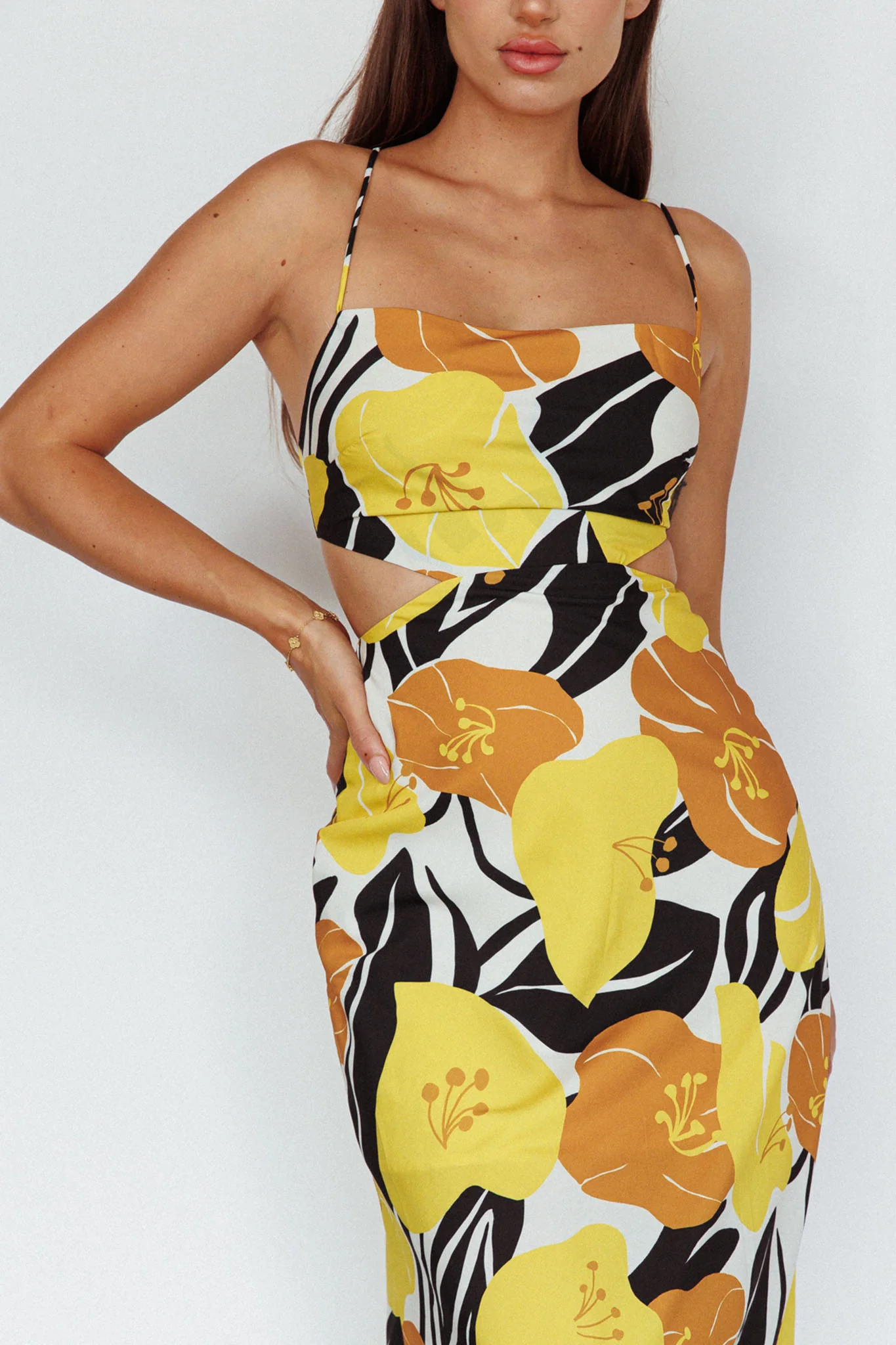 Sunday Bliss Tie-Up Back Cowl Neck Midi Dress Flower Yellow - Image 4