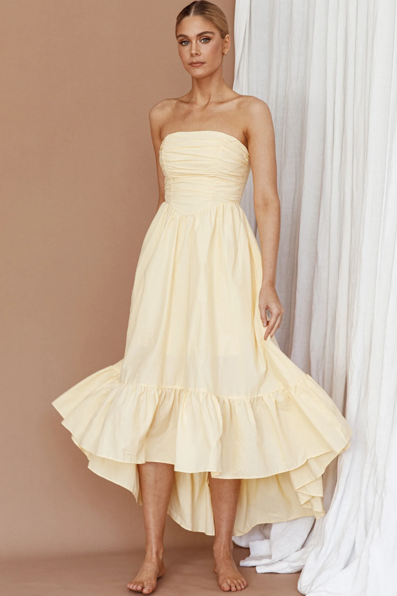 Sunday Mornings Ruched Bust Midi Dress Lemon
