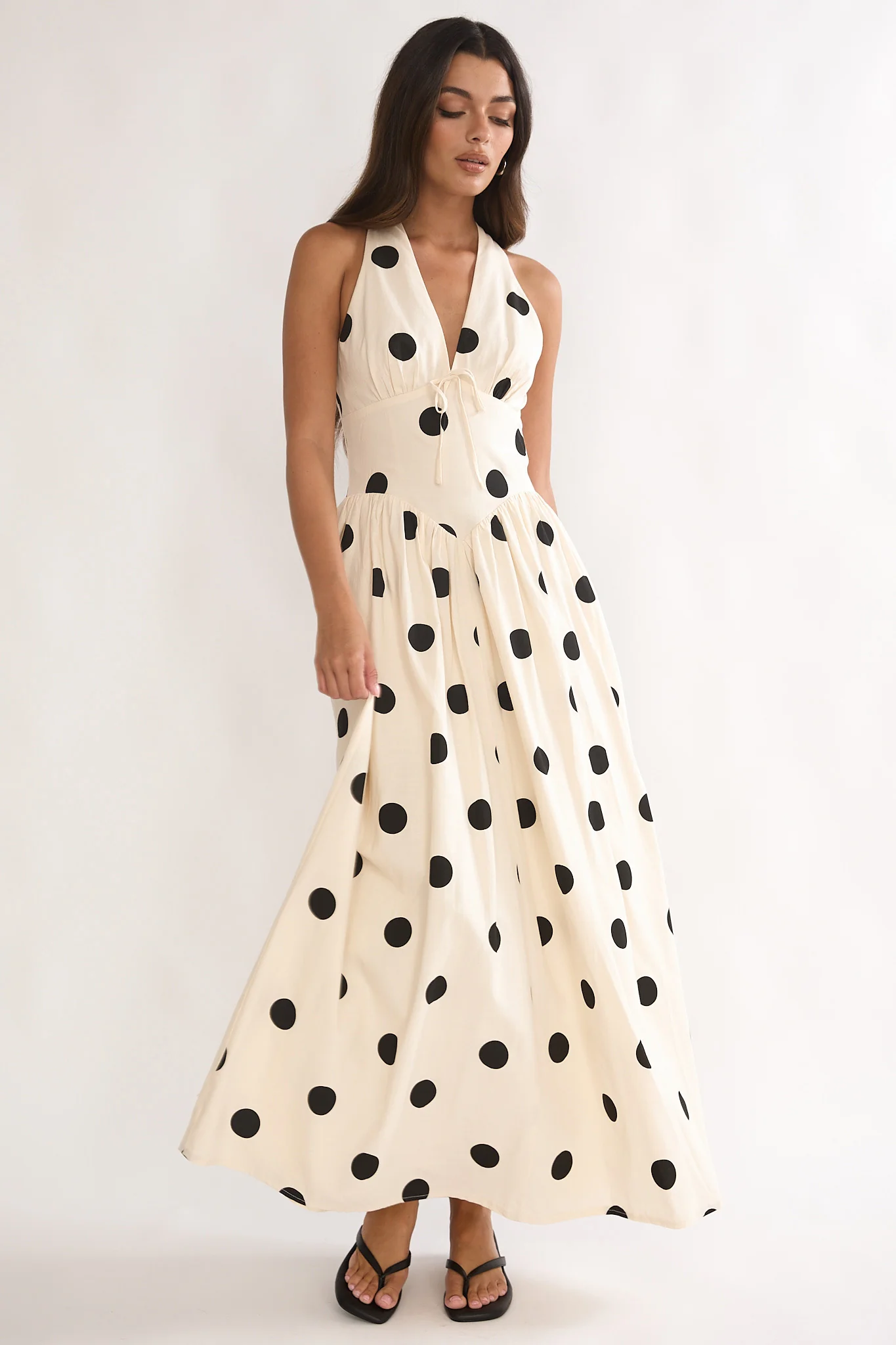 Sundrenched Halter Maxi Dress Polka Dot Beige - Image 5