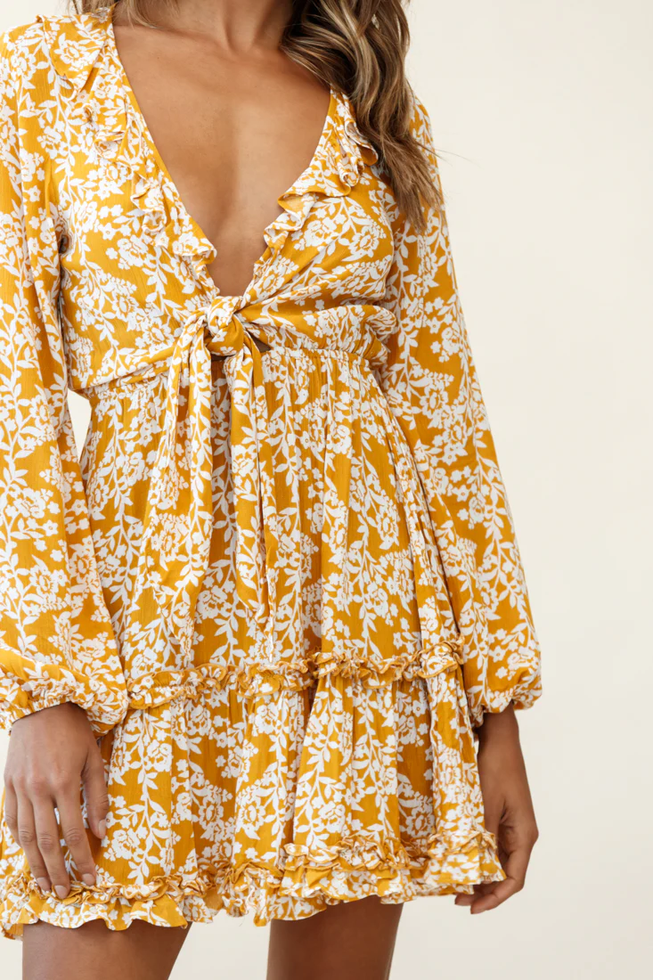 Sunny Daze Long Sleeve Tie-Knot Bust Dress Floral Print Mustard - Image 7