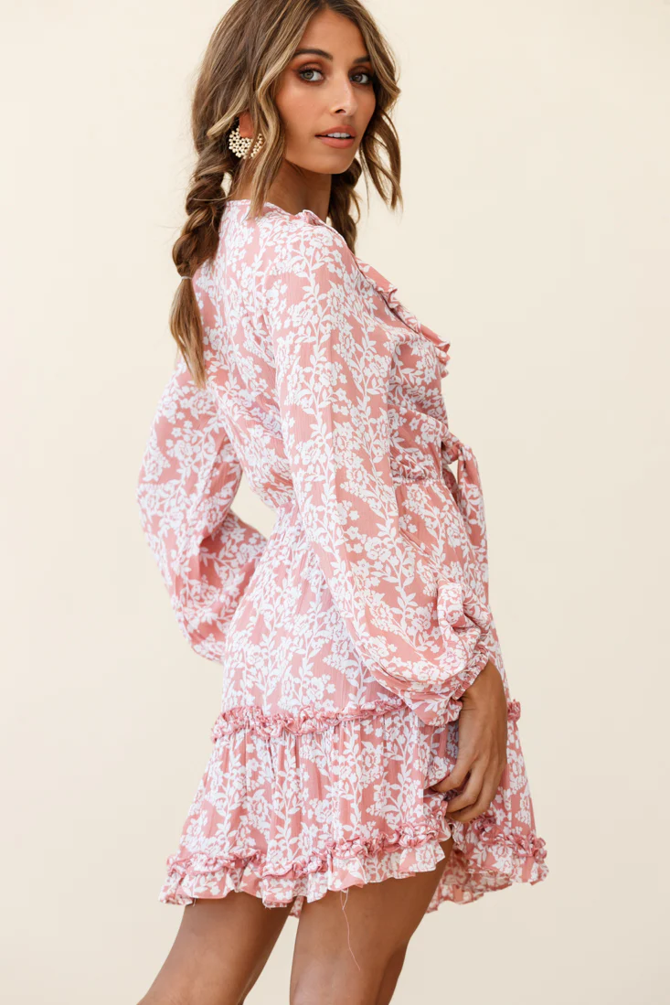 Sunny Daze Long Sleeve Tie-Knot Bust Dress Floral Print Pink - Image 2