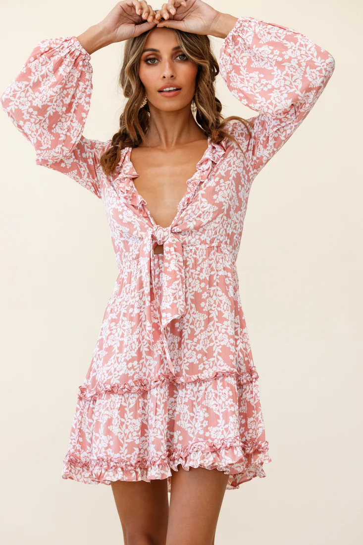 Sunny Daze Long Sleeve Tie-Knot Bust Dress Floral Print Pink - Image 5