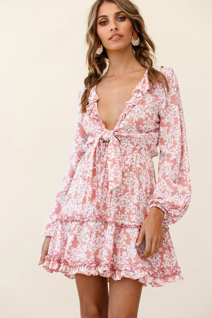 Sunny Daze Long Sleeve Tie-Knot Bust Dress Floral Print Pink - Image 6