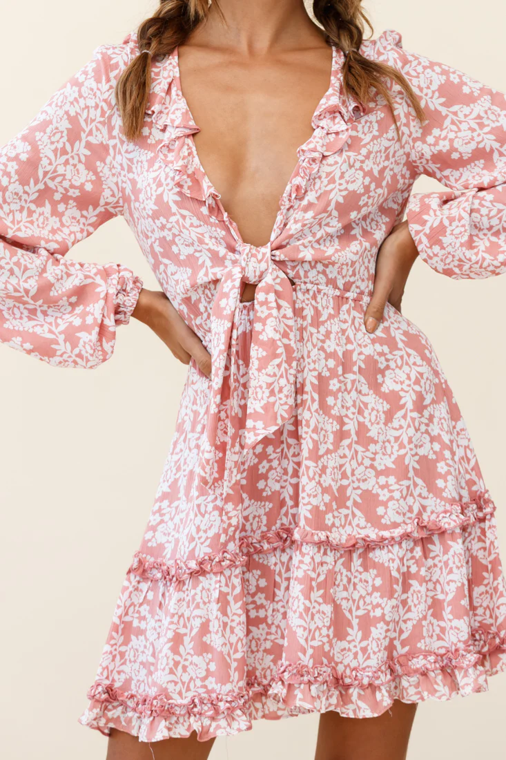 Sunny Daze Long Sleeve Tie-Knot Bust Dress Floral Print Pink - Image 7