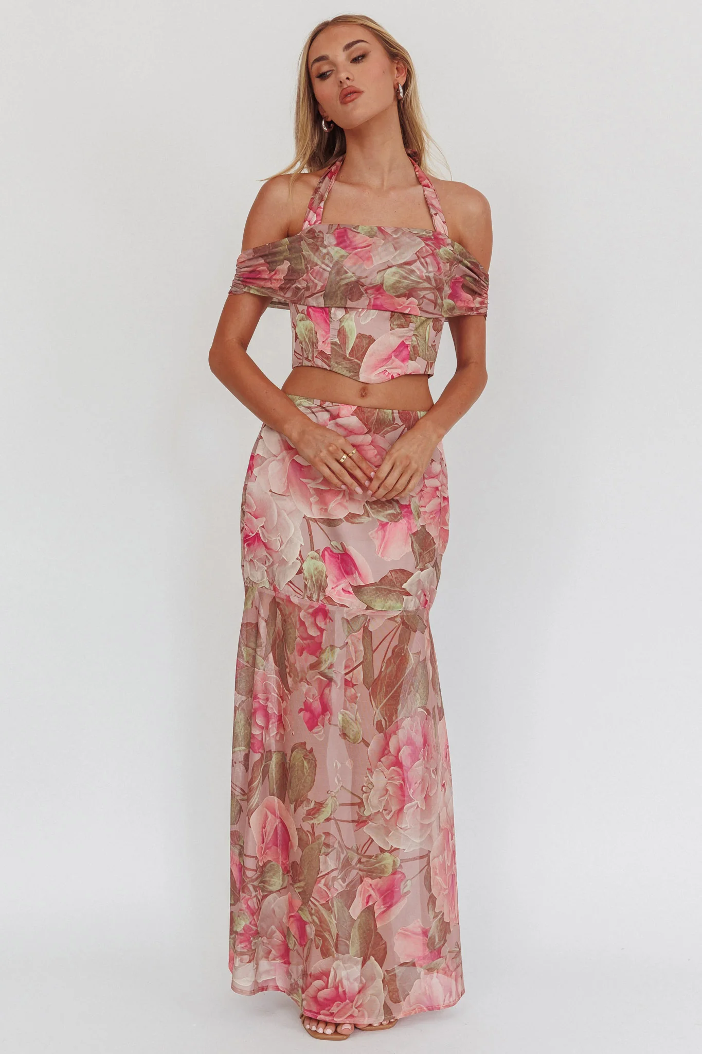 Sunset High Halterneck Crop Top Floral Blush - Image 4