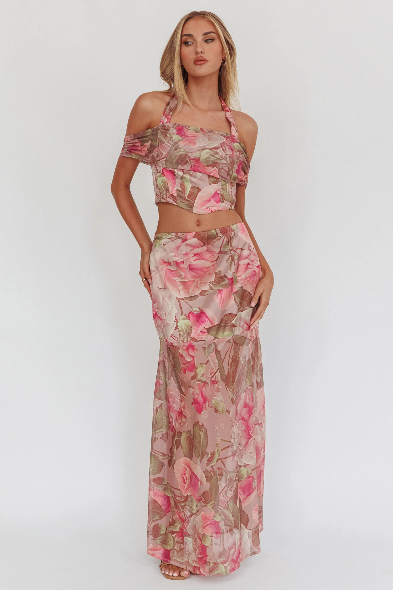 Sunset High Halterneck Crop Top Floral Blush - Image 6