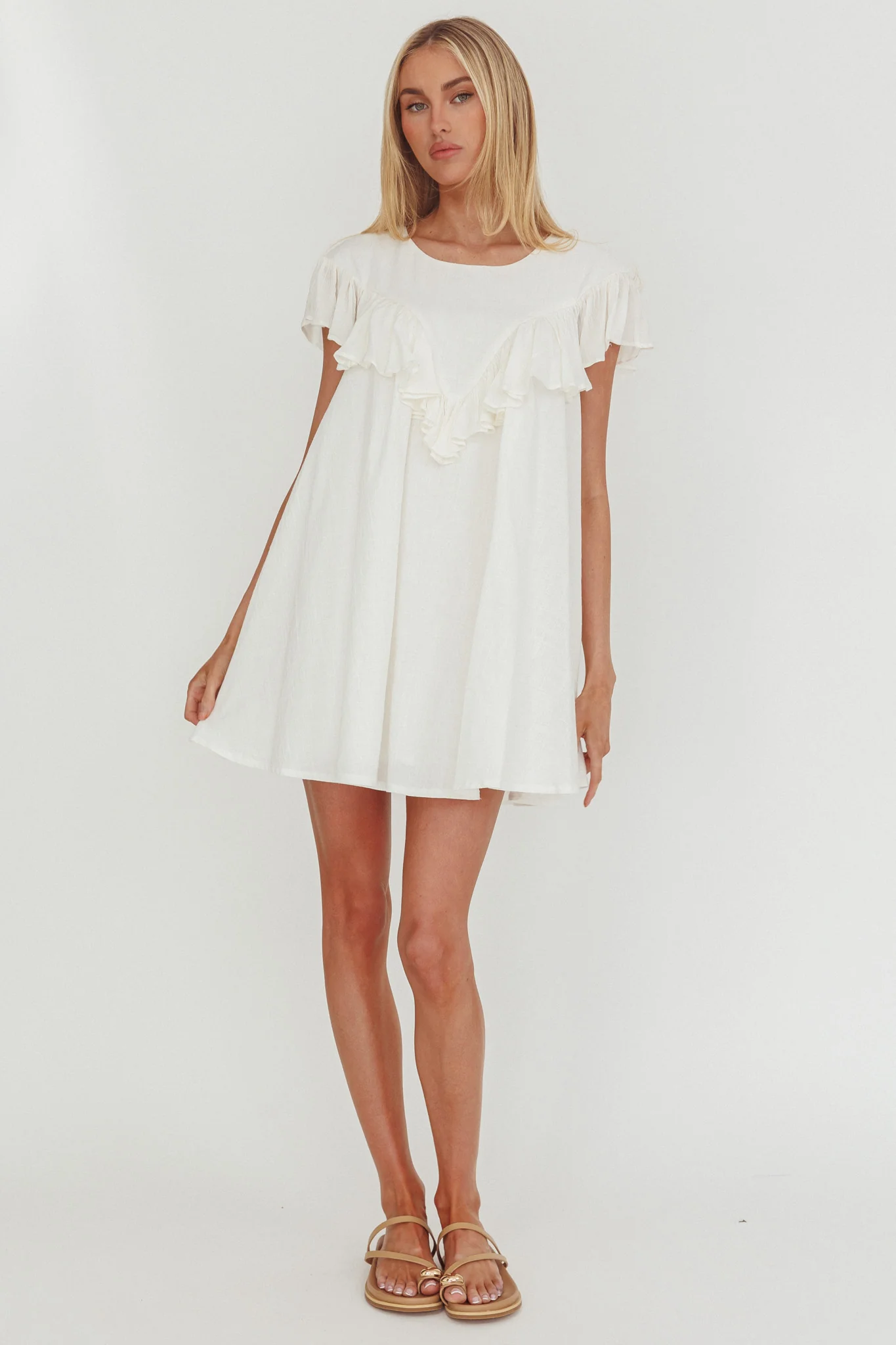 Sunshine Weekend Frill Trim Babydoll Mini Dress White - Image 4