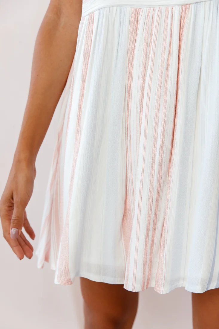 Susie Rolled Sleeve Crew Neck Swing Dress Stripe Print Blue/Peach - Image 4