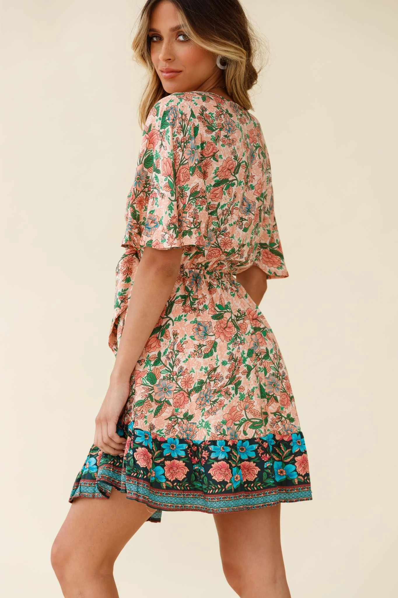 Suva Tie-Knot Bust A-Line Dress Botanic Print Nude - Image 3