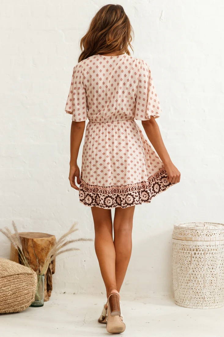 Suva Tie-Knot Bust A-Line Dress Floral Print Nude - Image 3