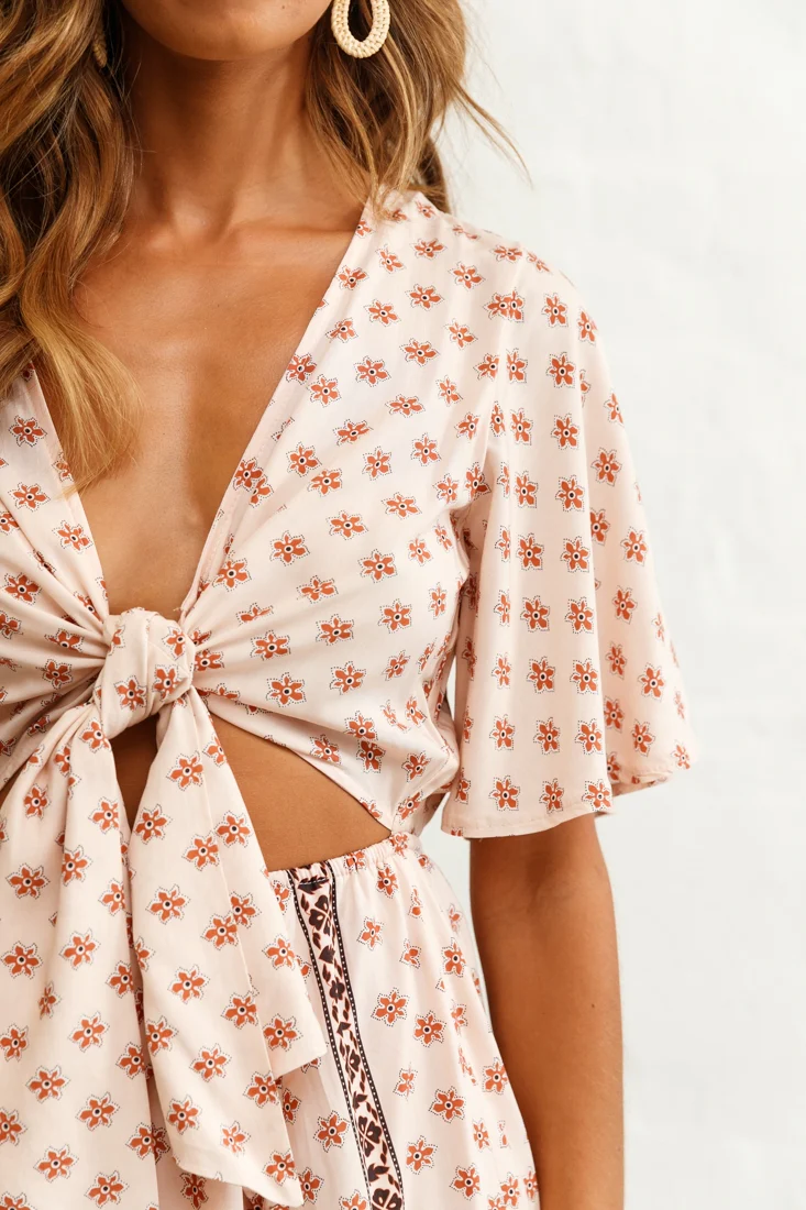 Suva Tie-Knot Bust A-Line Dress Floral Print Nude - Image 4