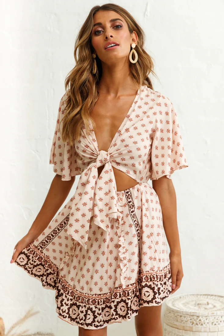 Suva Tie-Knot Bust A-Line Dress Floral Print Nude - Image 6