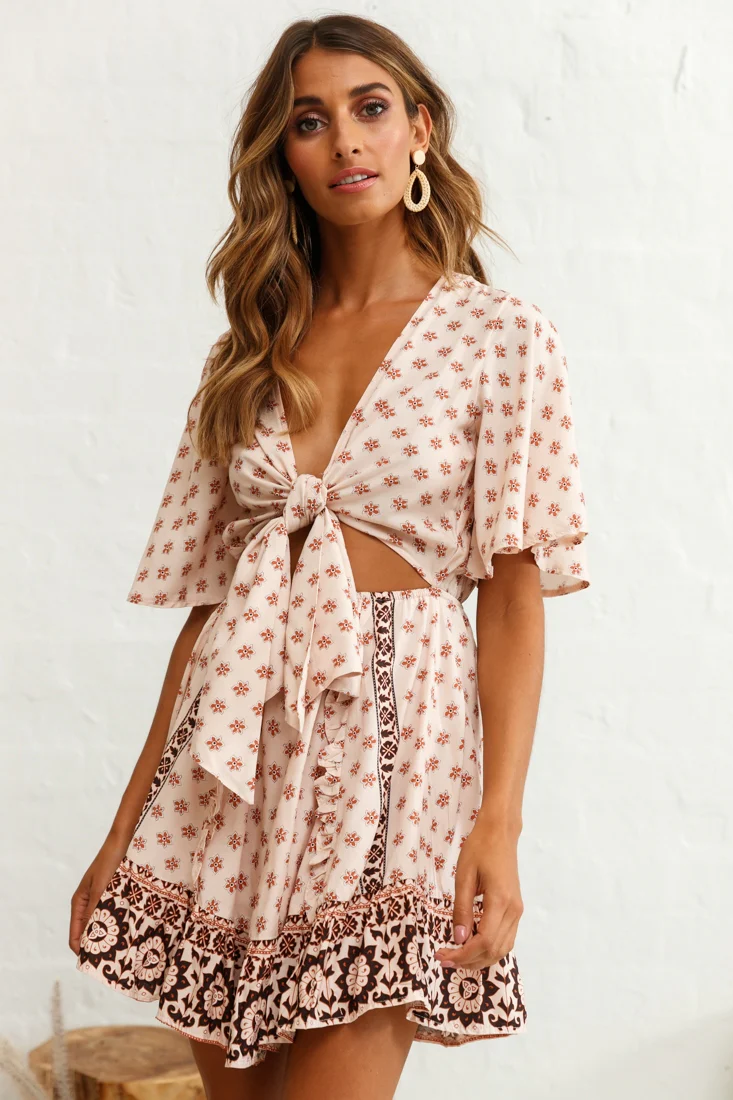 Suva Tie-Knot Bust A-Line Dress Floral Print Nude - Image 7