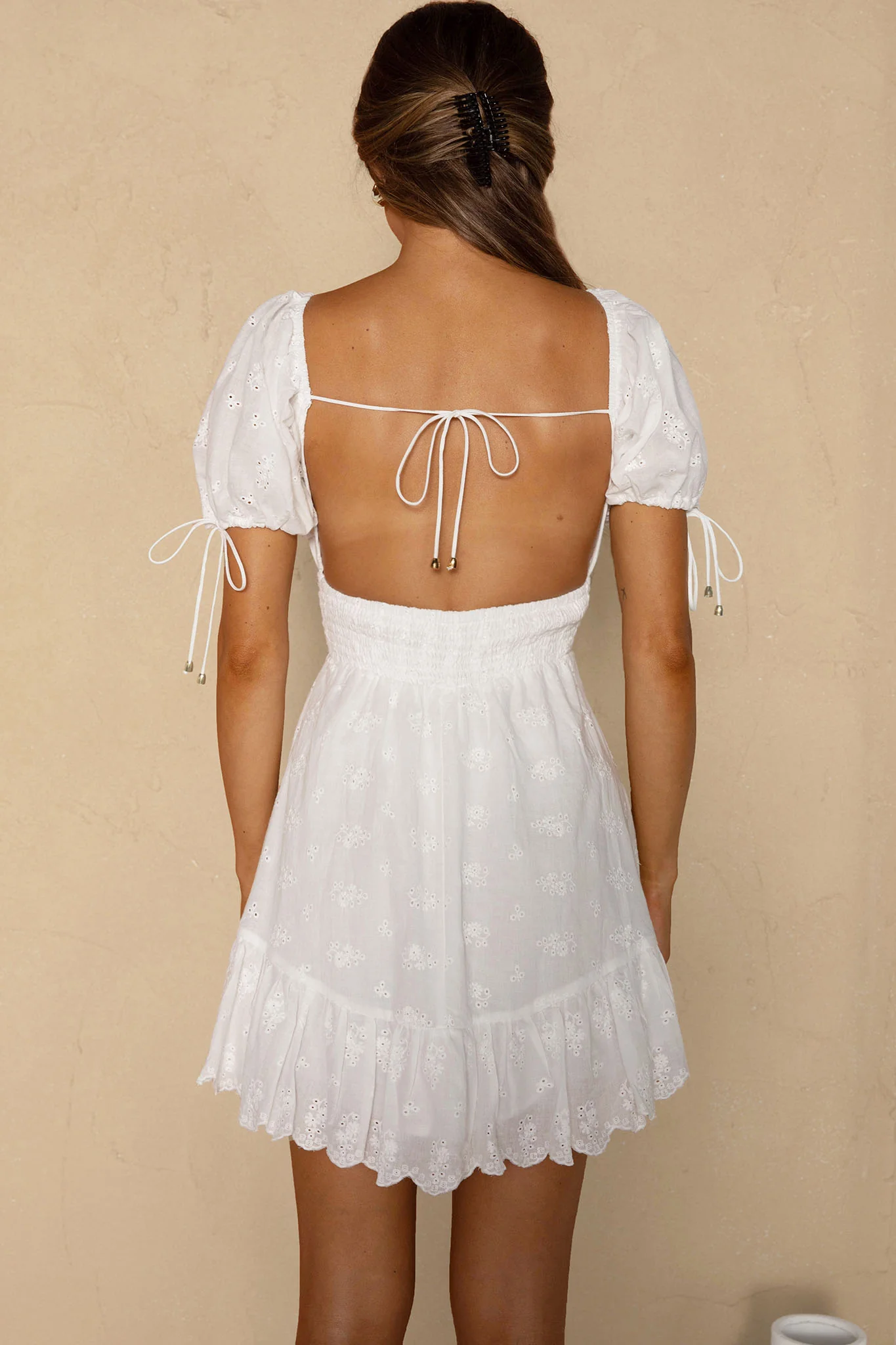 Sweet Devotion Puff Sleeve Shirred Waist Eyelet Mini Dress White - Image 7