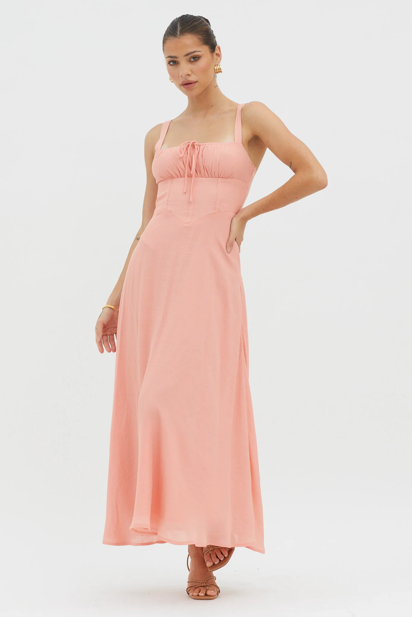 Sweet Pea Tied Bust A-Line Midi Dress Peach - Image 5