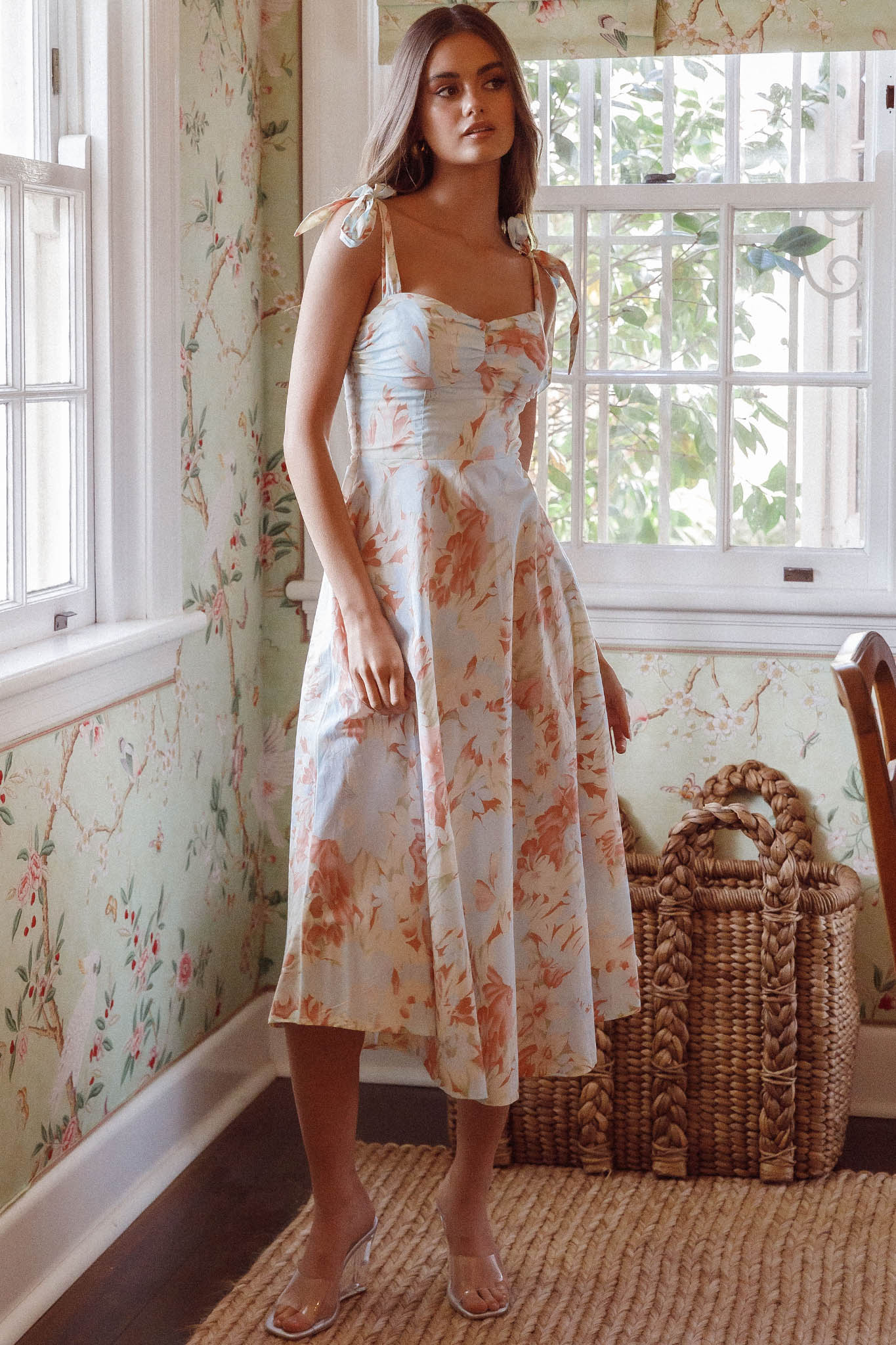 Sweet Pea Tied Shoulder Midi Dress Floral Blue - Image 3