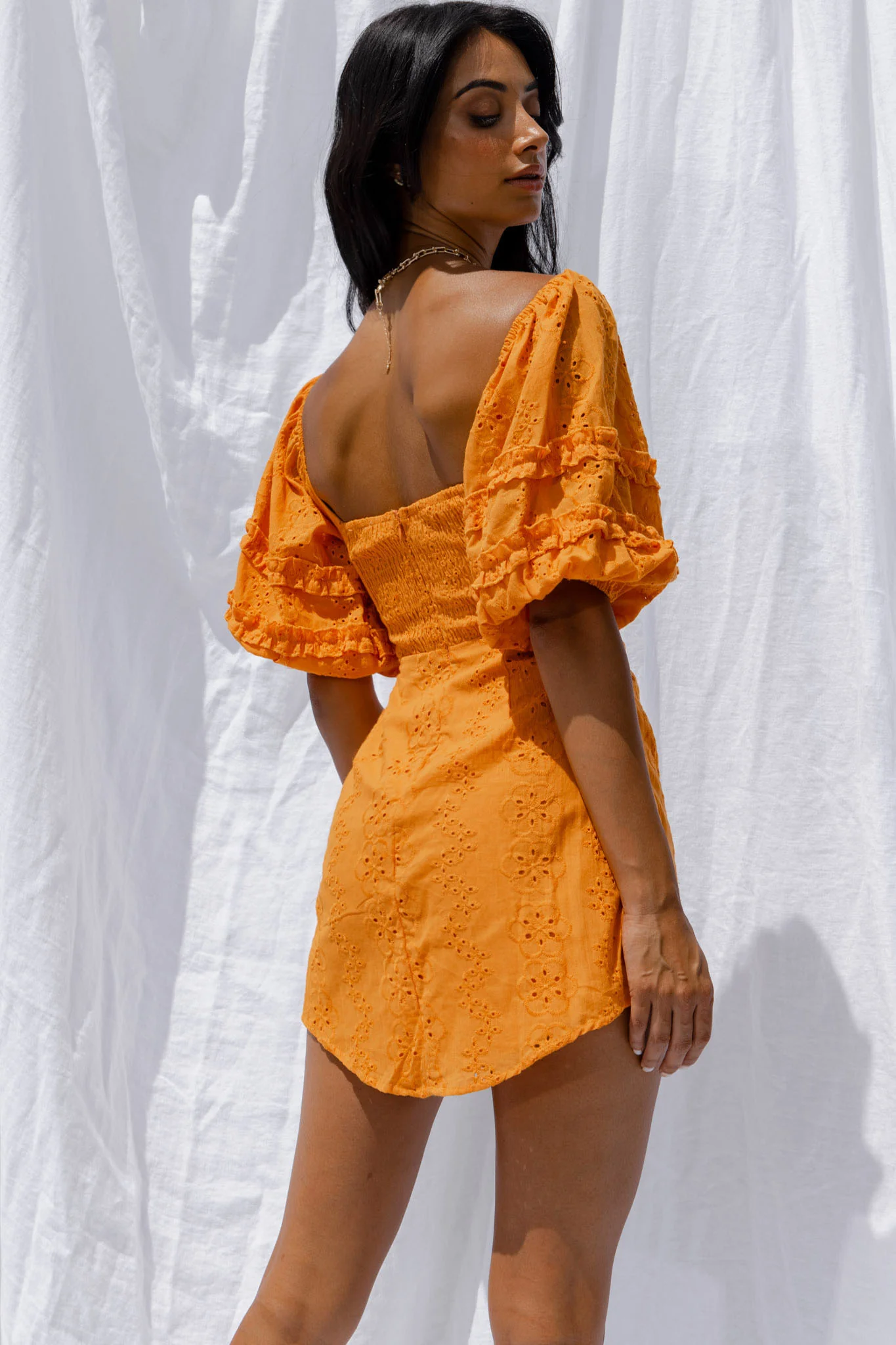 Sweet Romance Puff Sleeve Eyelet Mini Dress Sunset - Image 3