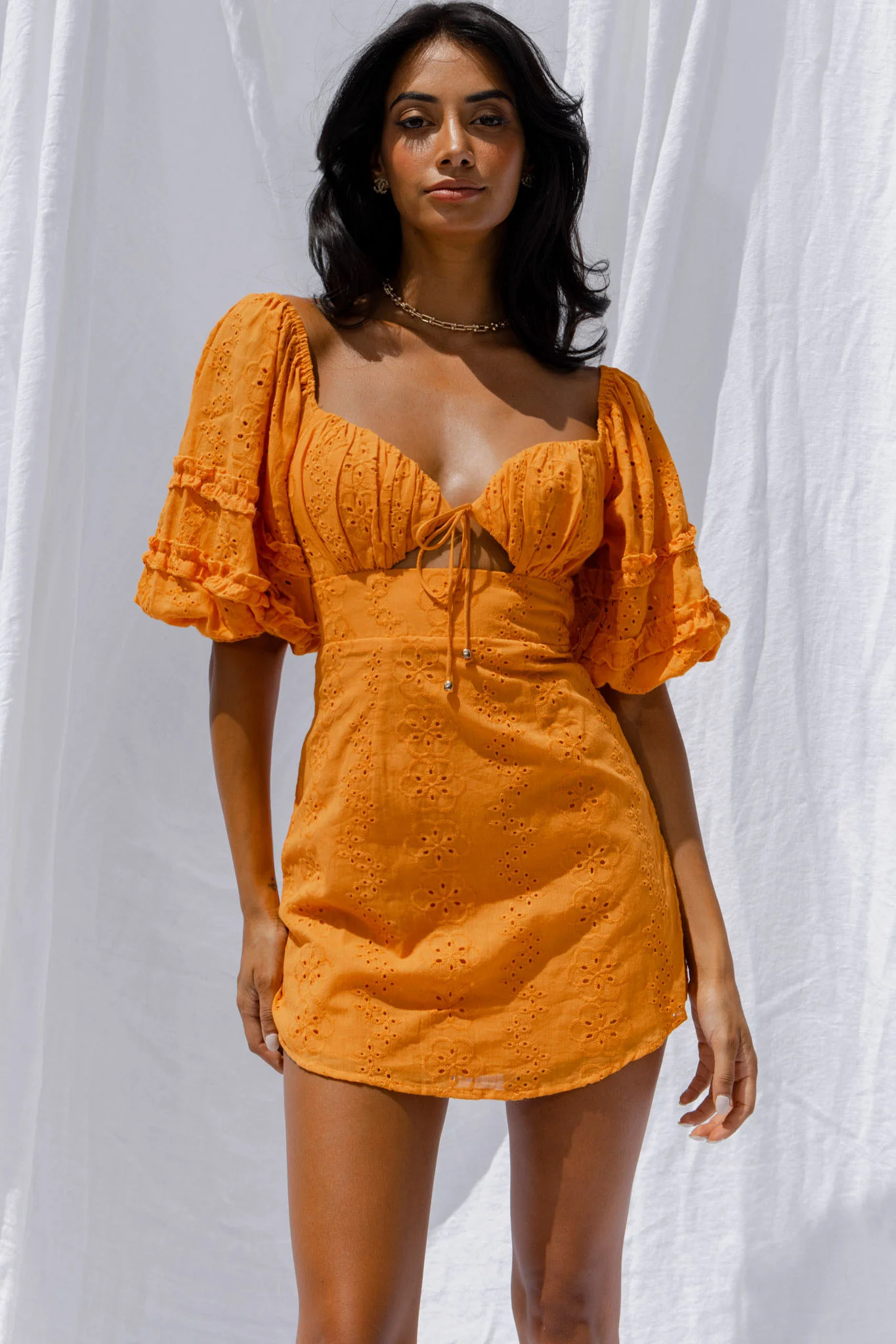 Sweet Romance Puff Sleeve Eyelet Mini Dress Sunset - Image 4