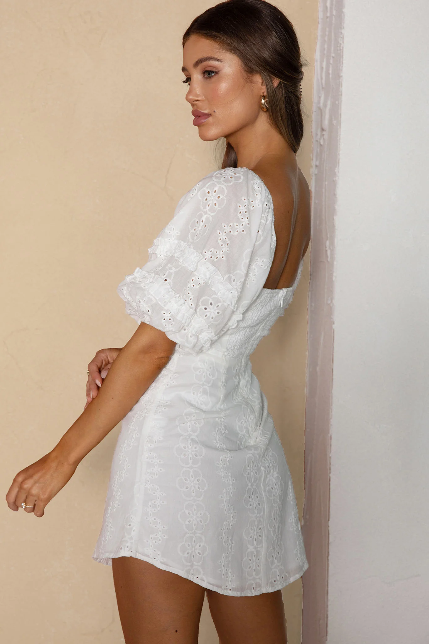Sweet Romance Puff Sleeve Eyelet Mini Dress White - Image 2