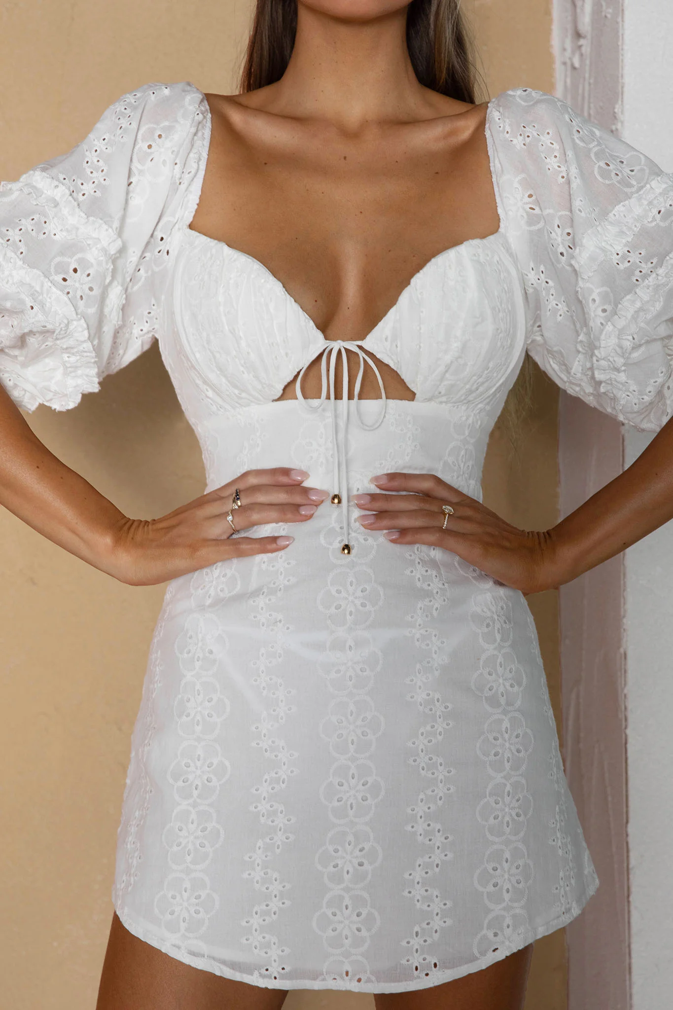 Sweet Romance Puff Sleeve Eyelet Mini Dress White - Image 4