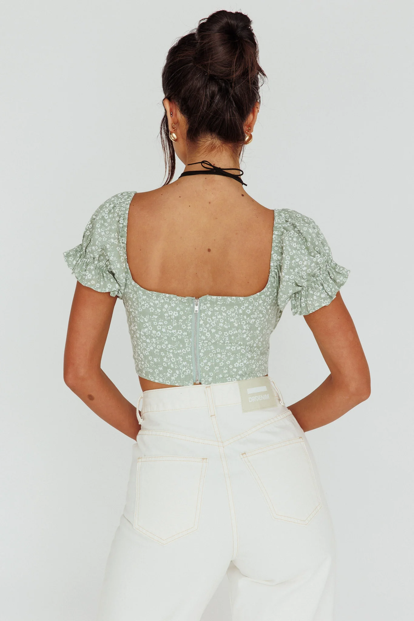 Sweet Romance Sweetheart Neckline Crop Top Floral Sage - Image 2