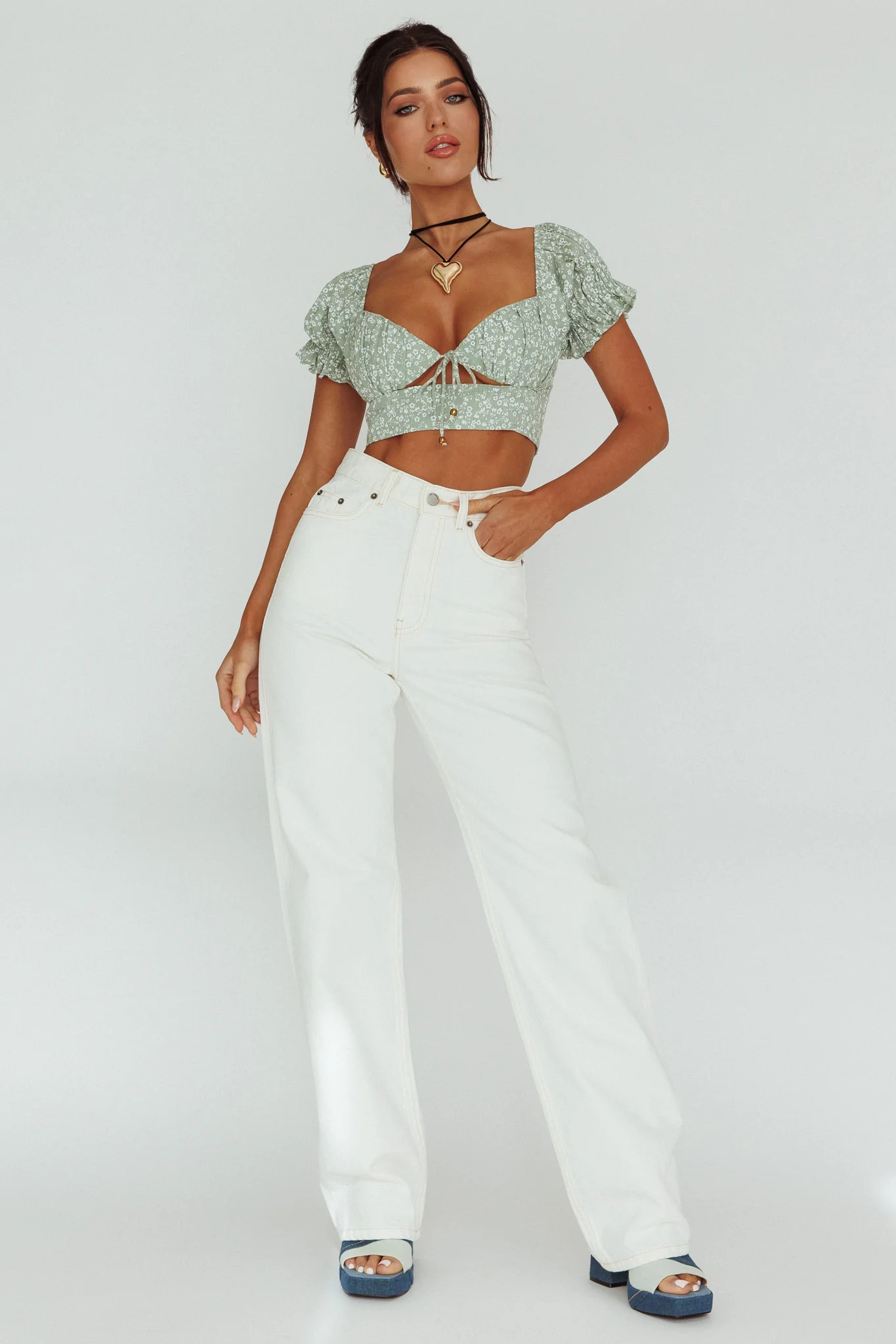 Sweet Romance Sweetheart Neckline Crop Top Floral Sage - Image 3