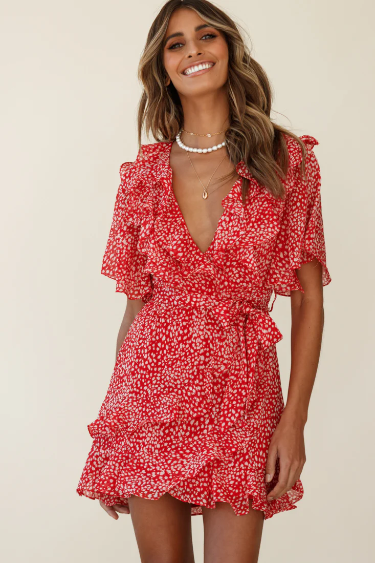Sweet Talk Short Sleeve Ruffle Detail Dress Speckle Print Red - Image 4