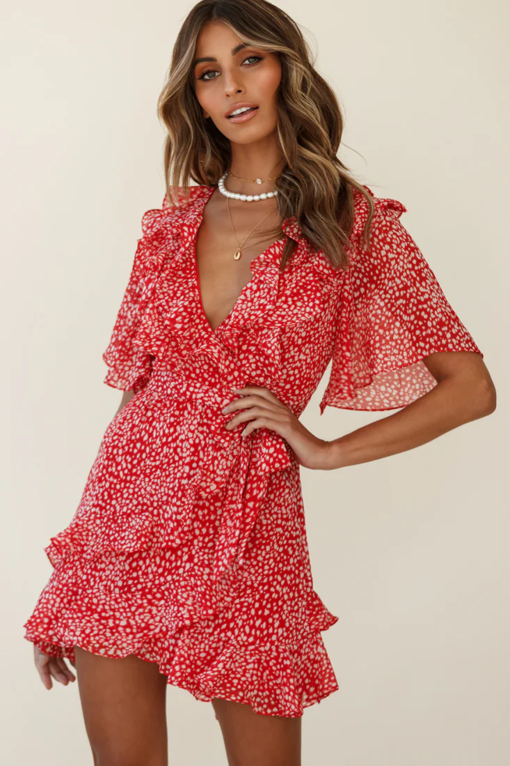 Sweet Talk Short Sleeve Ruffle Detail Dress Speckle Print Red - Image 6