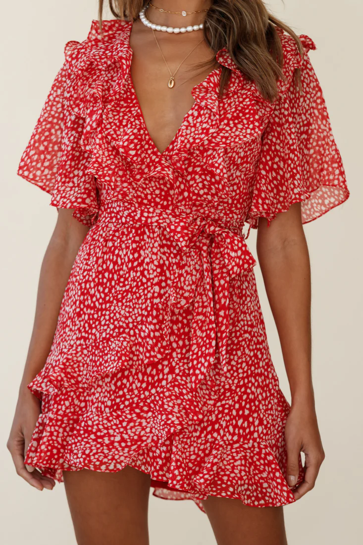 Sweet Talk Short Sleeve Ruffle Detail Dress Speckle Print Red - Image 7