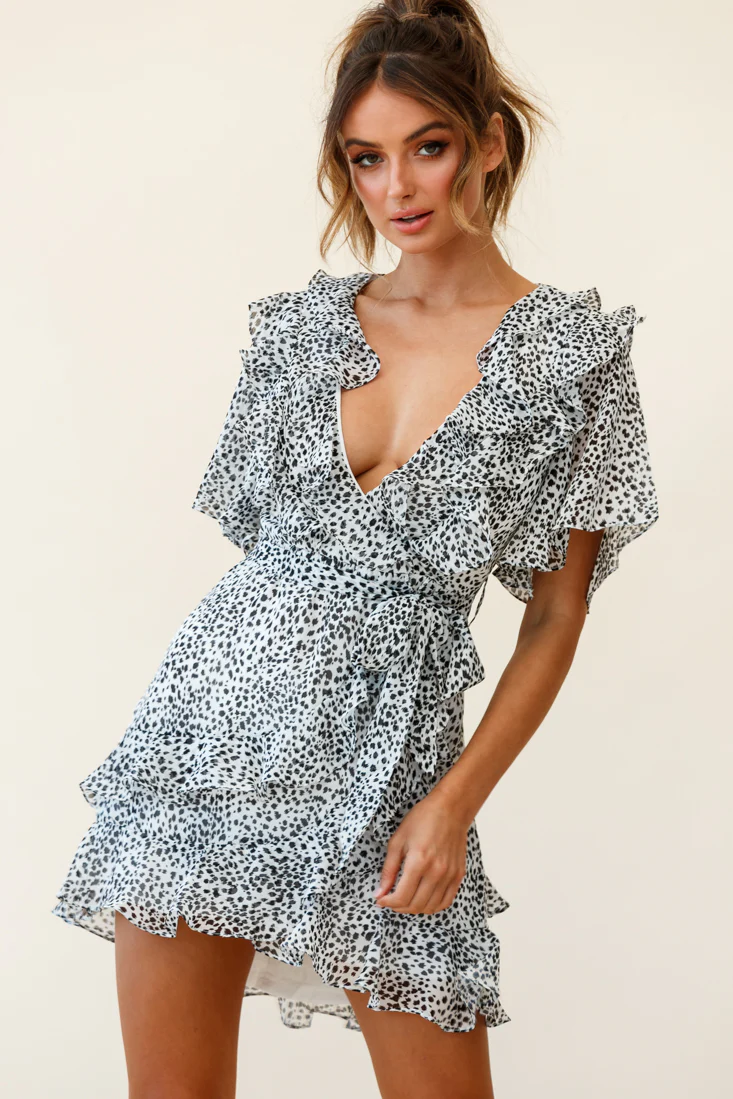 Sweet Talk Short Sleeve Ruffle Detail Dress Speckle Print White - Image 6